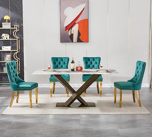 Miniatura 3 de Juego de mesa de comedor de mármol blanco para 4, 70 pulgadas, mesa de comedor de mármol blanco con 4 sillas de terciopelo verde y base de acero al