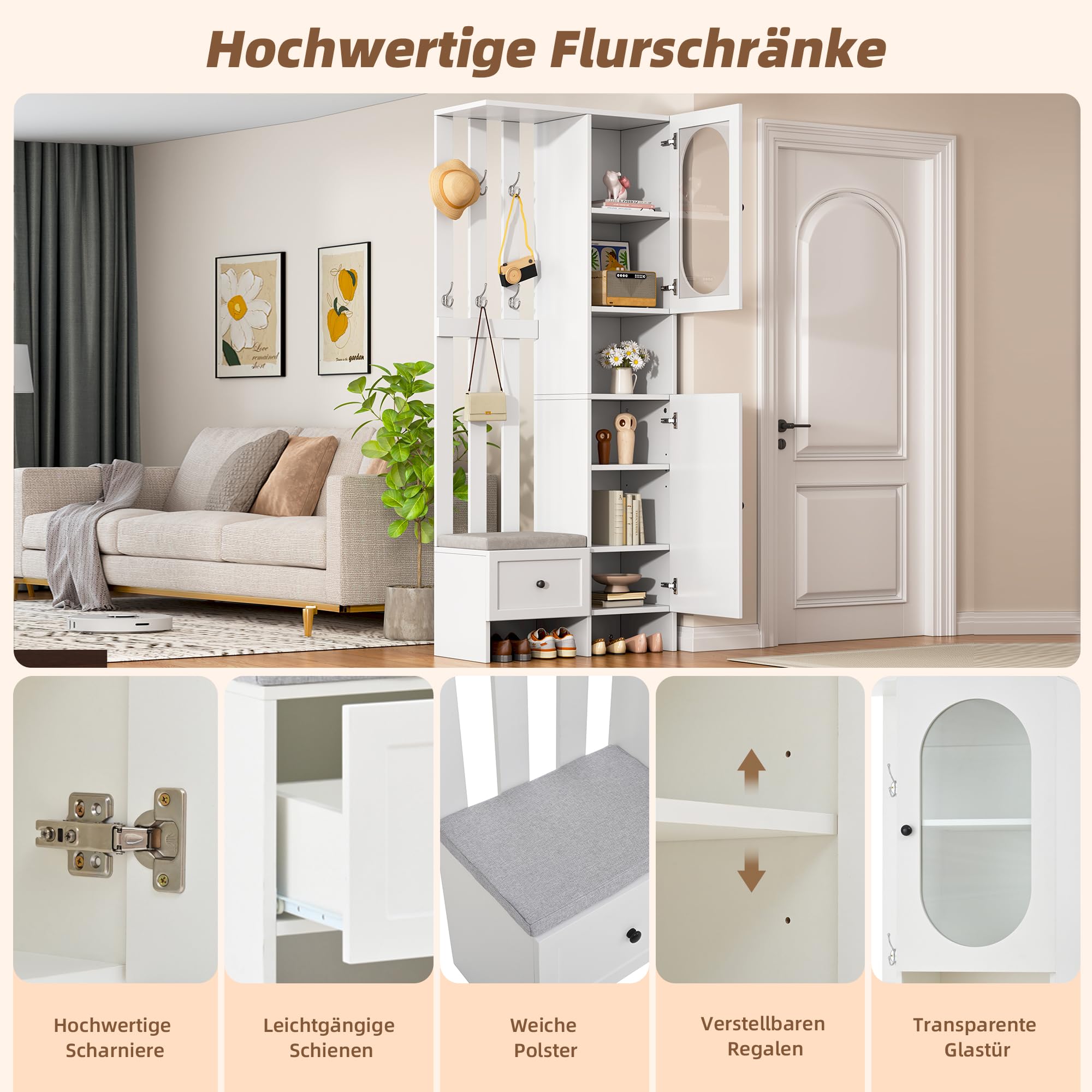 Merax Garderobenset Wandgarderobe, Kompaktgarderobe, Modern Flurgarderoben Set mit Schuhbank, Vitrine, Wandpaneelen, Kleiderhaken, Stylishe Garderobenständer für Flur Eingangsbereich, Flurmöbel, Weiß