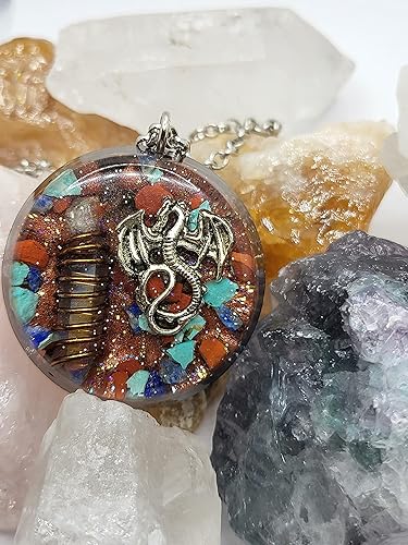 Miniatura 5 de Hubbering Dragon Angel Quartz Copper Wrapped Power Packed Crystal With Mixed Stones Disk Orgone Pendant - Unique Handcrafted Orgonite
