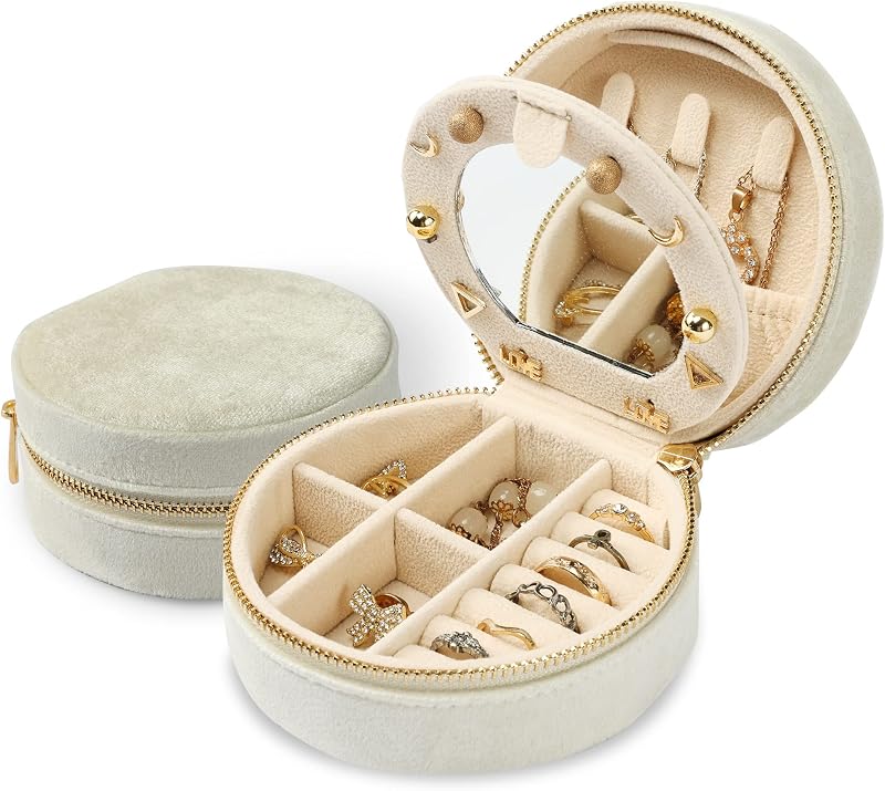 Dajasan Velvet Jewelry Organizer, Mini Travel Jewelry Case, Small Portable Travel Jewelry Organizer Box with Mirror for Earrings Bracelets Rings Necklace (Beige)