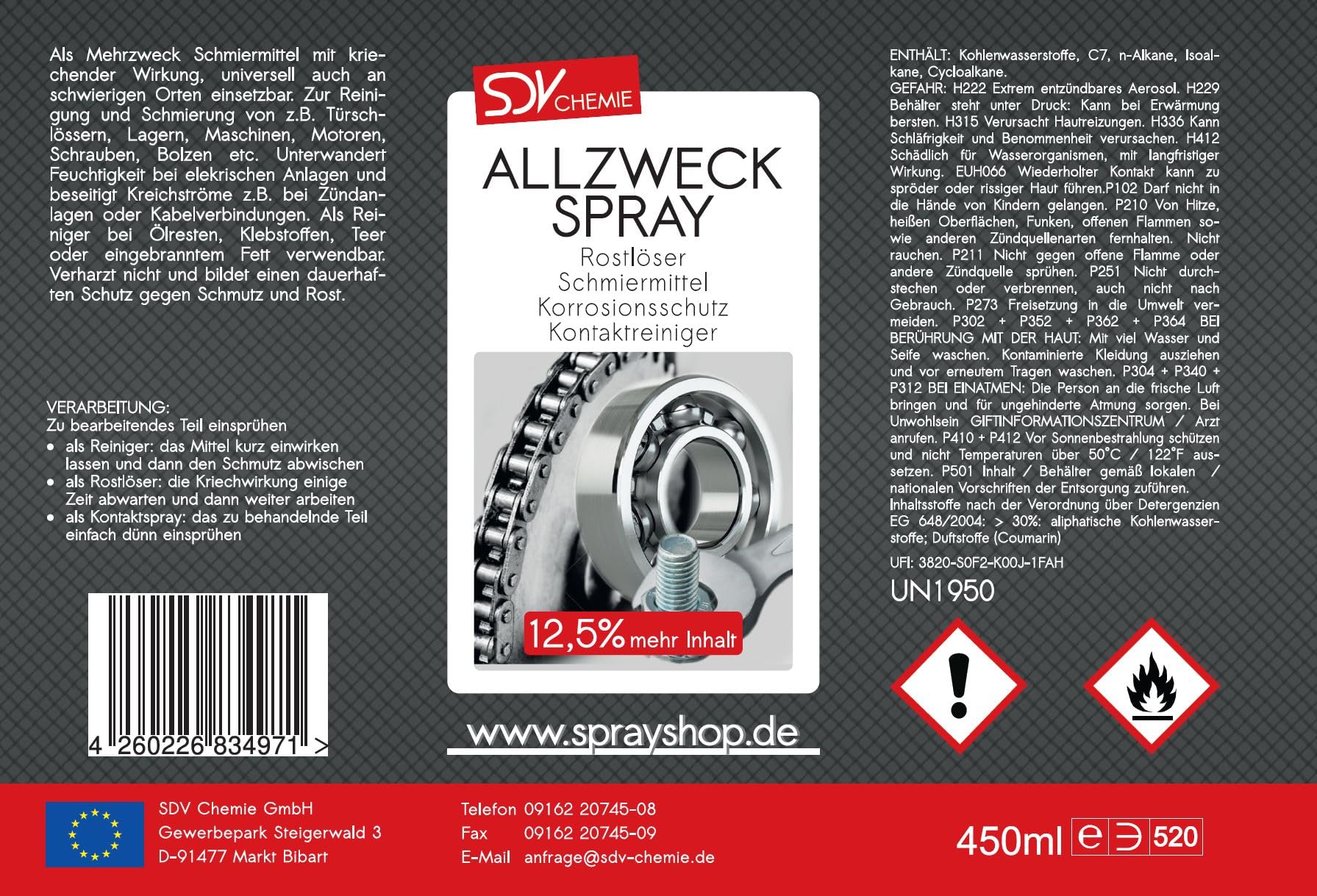 SDV Chemie Allzweckspray 12x 450ml Multiöl 6in1 | Kriechöl, Schmieröl, Gleitmittel, Korrosionsschutz, Rostlöser