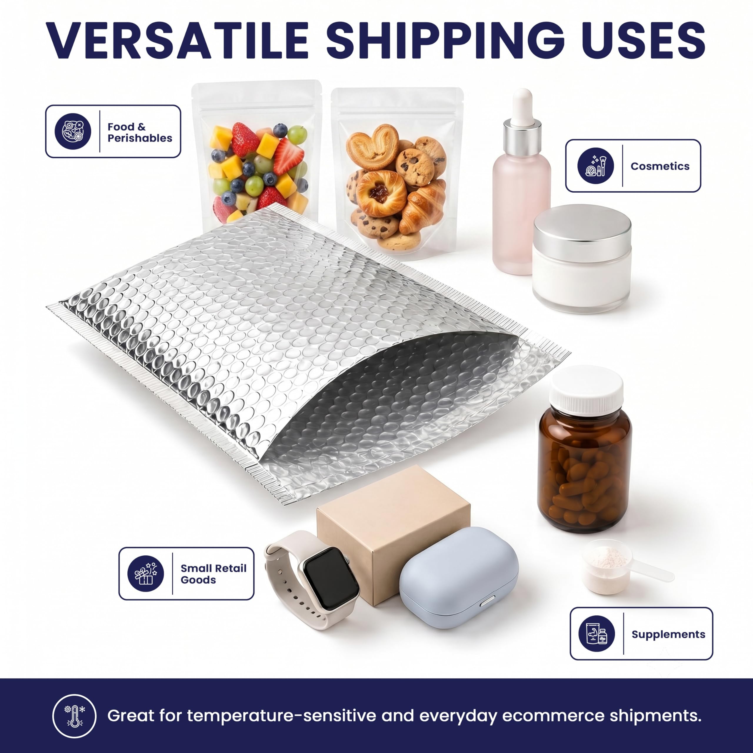 Buste termiche impermeabili in lamina metallizzata, confezione da 25 buste imbottite autosigillanti per spedizioni a freddo, buste isolate argentate per alimenti deperibili, cosmetici, prodotti