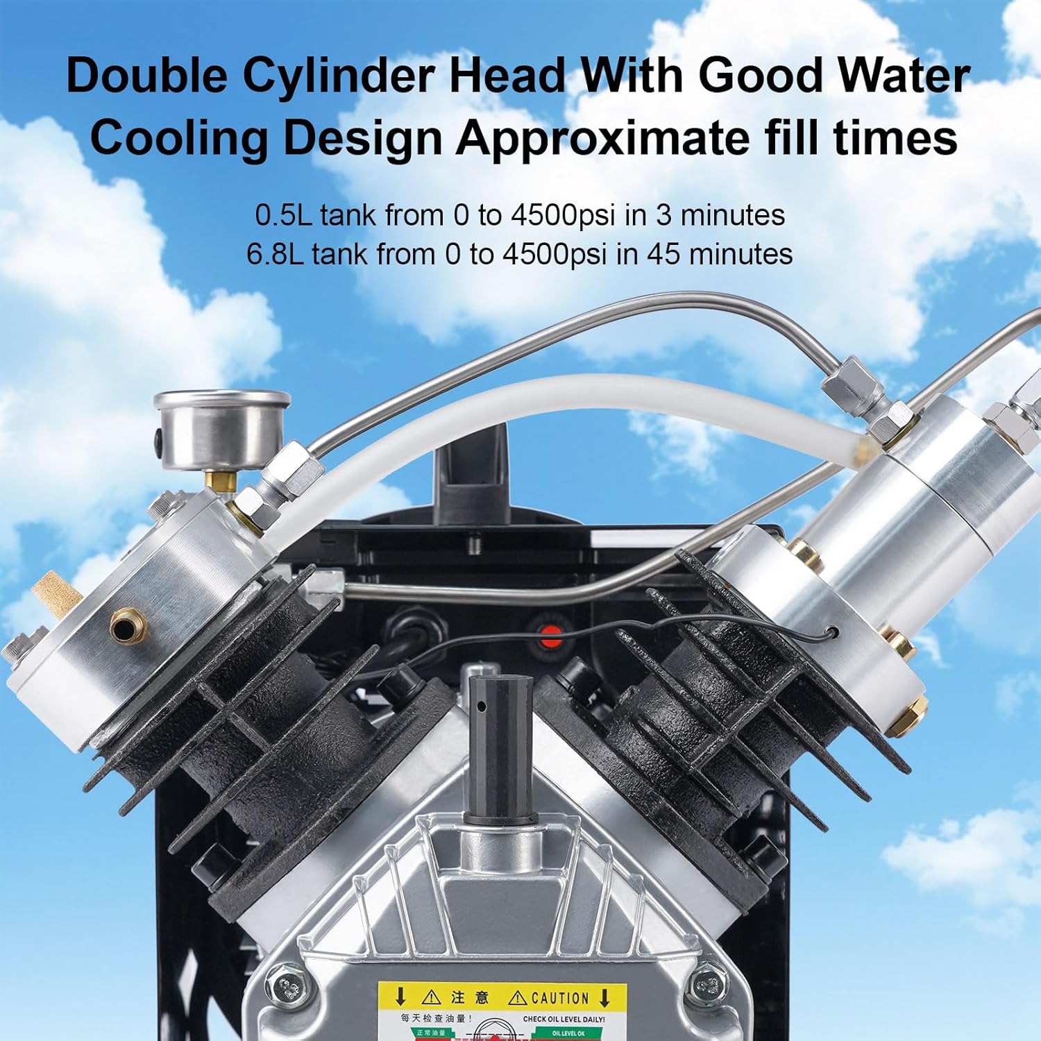 Close-up of the double cylinder head with water cooling design, indicating approximate fill times for 0.5L and 6.8L tanks.