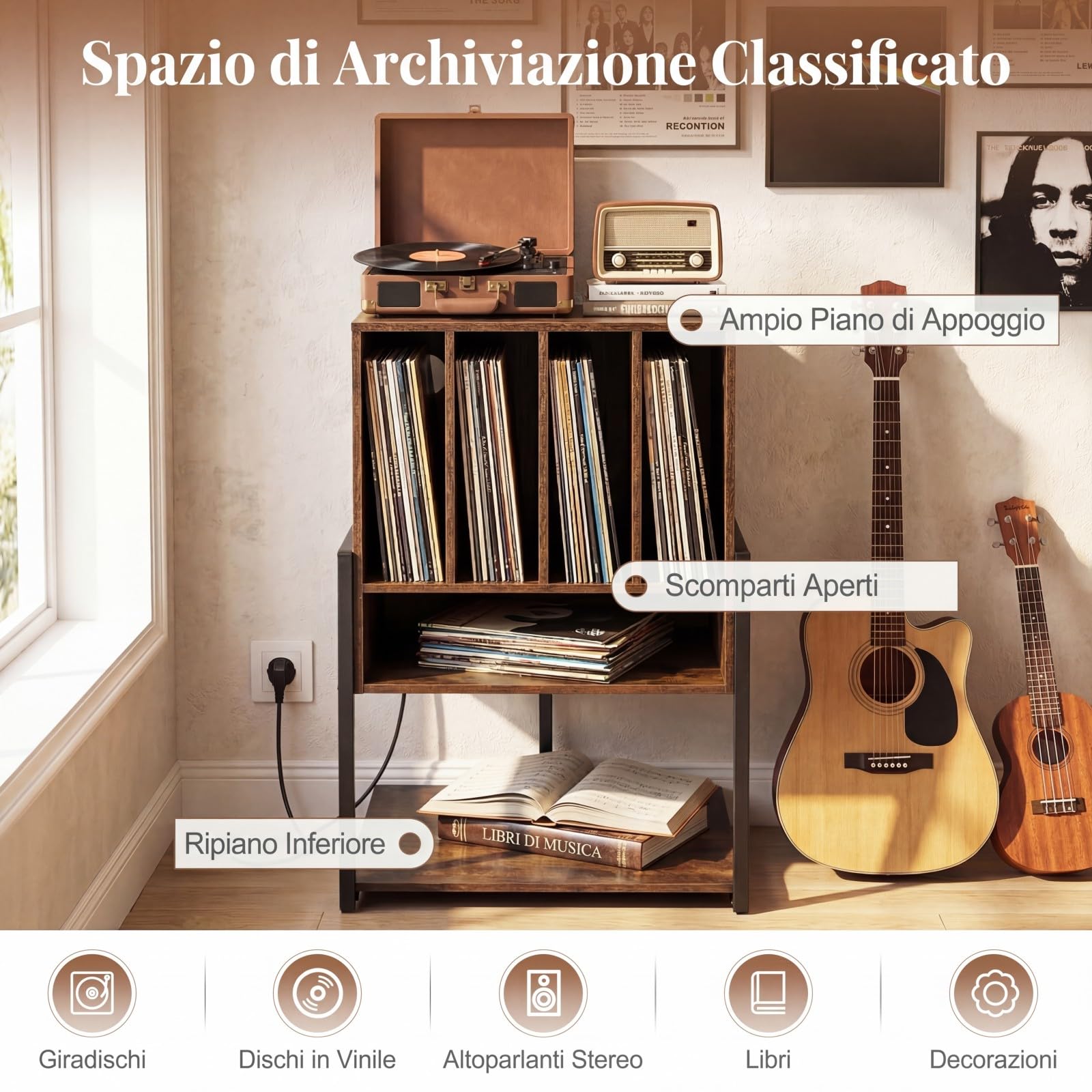 COSTWAY Supporto per Giradischi, Mobile Porta Giradischi con 4 Scomparti e Ripiani Aperti, Scaffale per Dischi in Legno con Ruote e Piedini Regolabili (Marrone Rustico, Con Presa di Corrente)