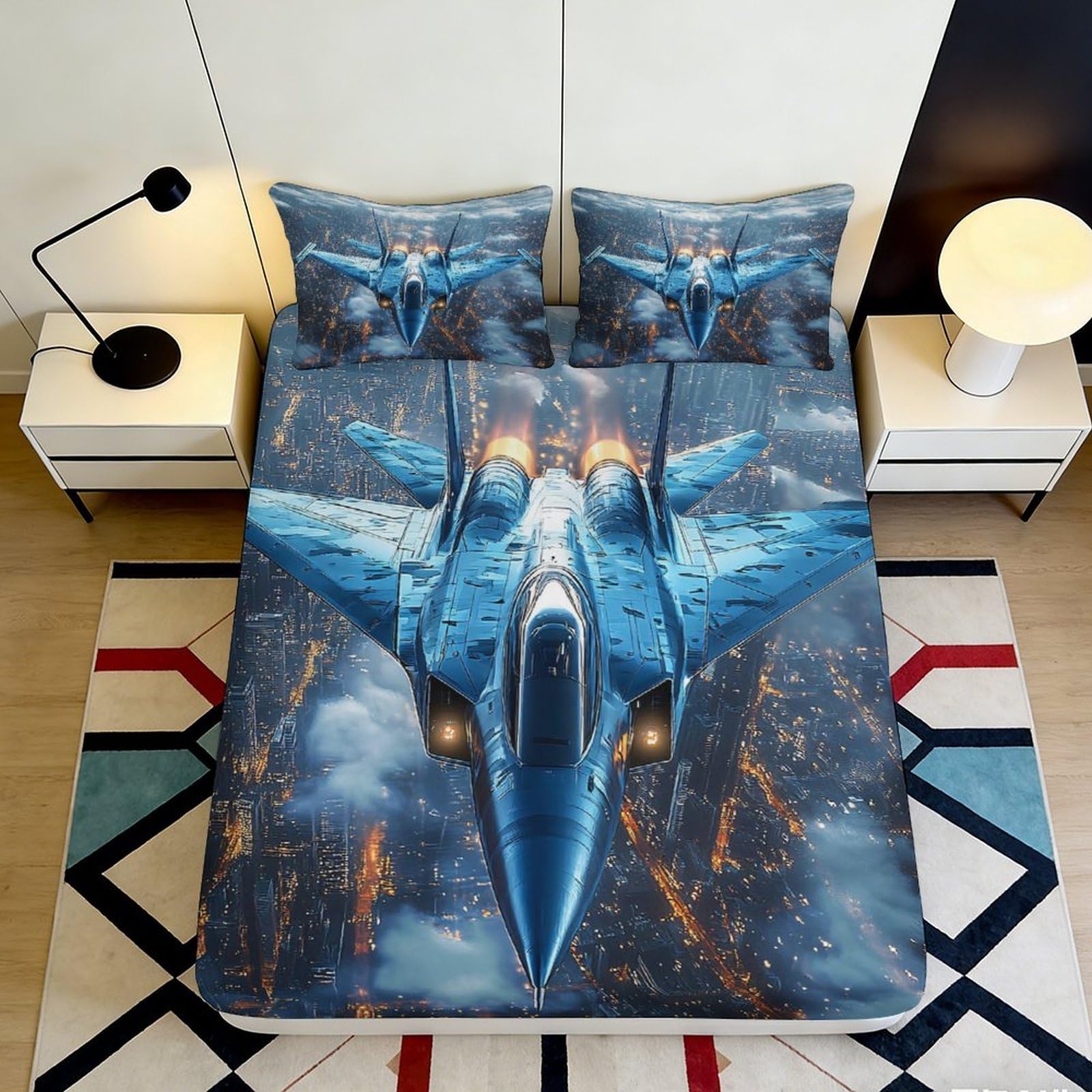 Uynsixtme Style-1 3D Printed Fighter Jet Fitted Sheet Microfiber Deep Pocket Non-Slip Bedroom Bedding Aircraft Mattress Fitted Cover Washable For Adults Teens 200X200x25cm