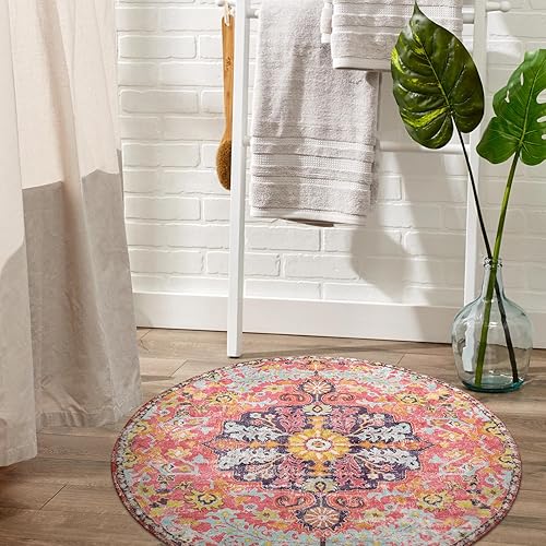 Miniatura 2 de Lahome Alfombra redonda de medallón floral bohemio, alfombra redonda pequeña de 3 pies, color rosa intenso, para dormitorio de niñas, cuarto de