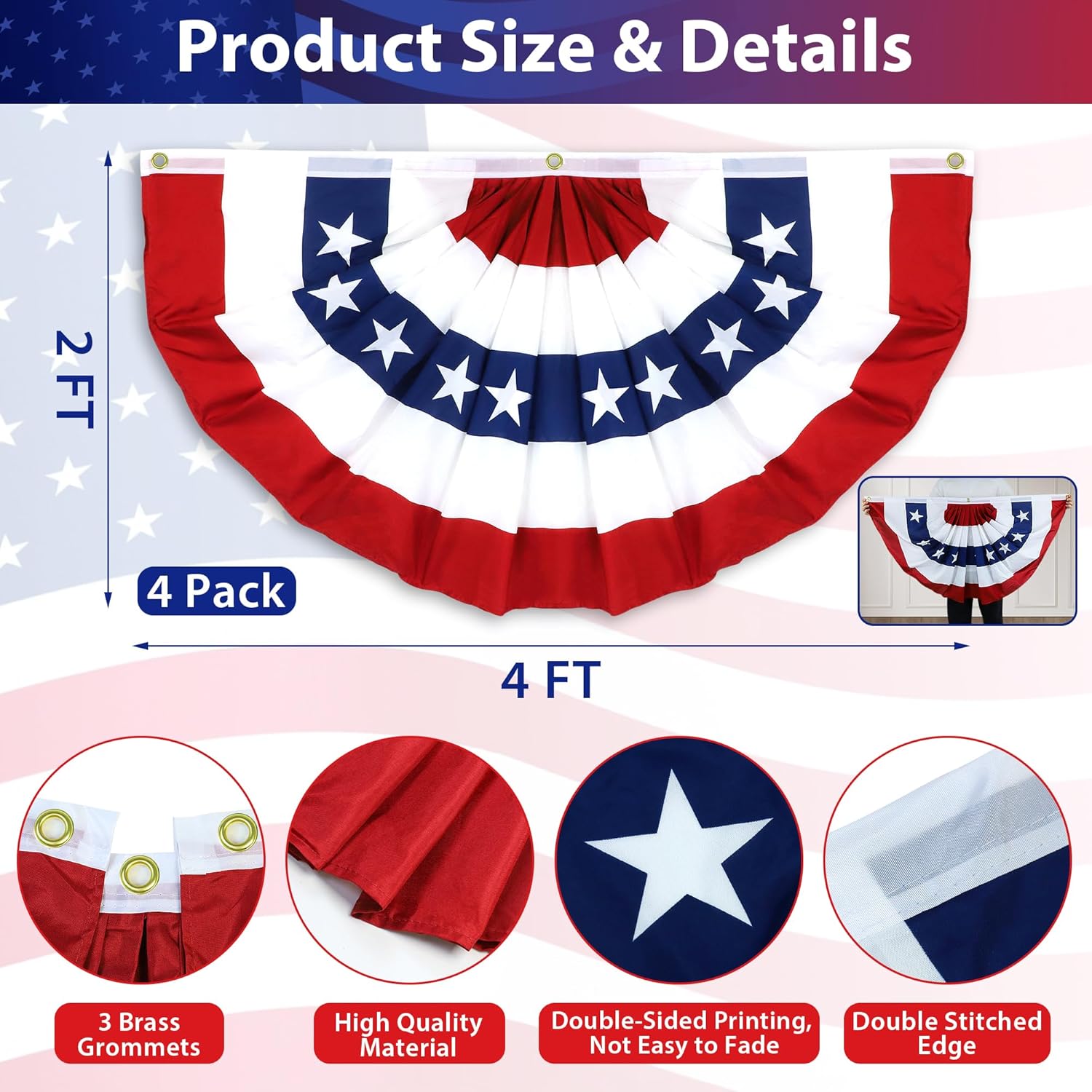 2x4 Feet Pleated Fan Flag 4 Pack, 4th of July Decorations, Independence Day Decor, Memorial Day USA Flags, Outdoor Bunting for Stadium, Yard, Party Decor, Porch, Banners