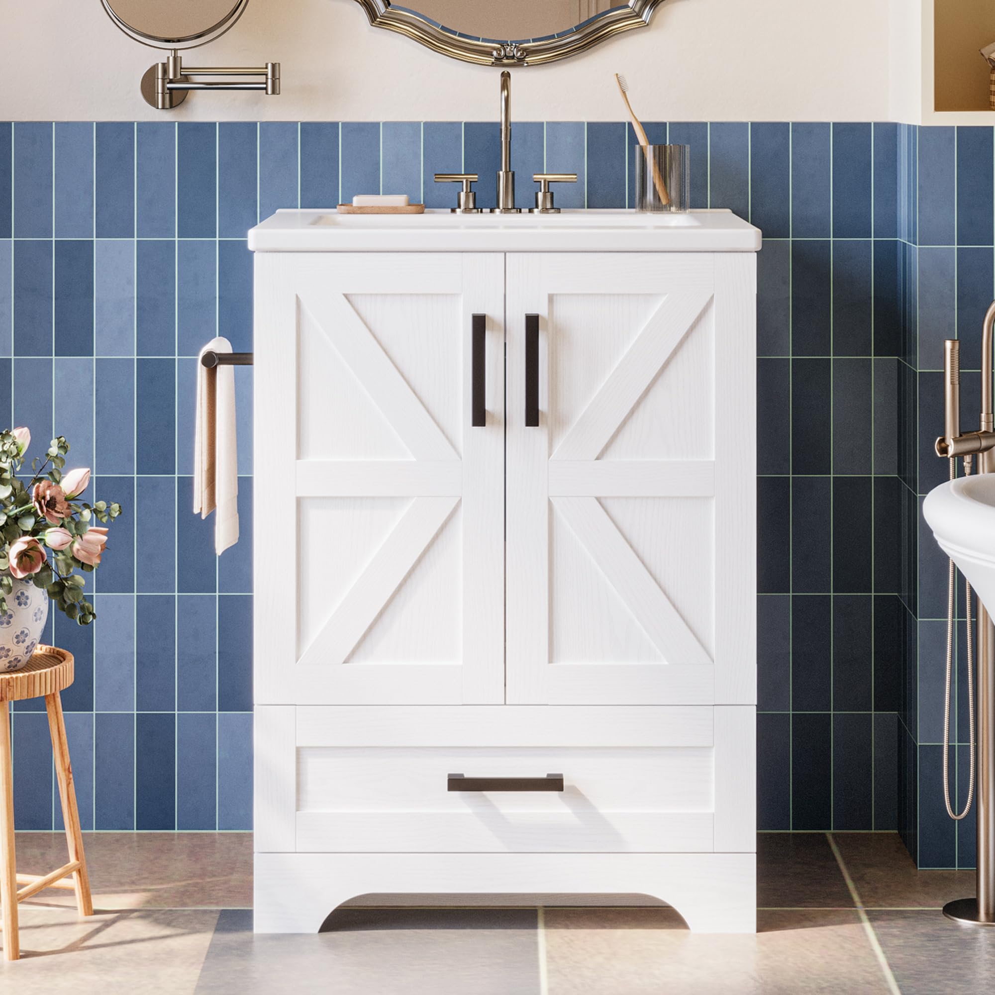 IRONCKBathroom Vanity with Sink, 24 Inch Farmhouse Bathroom Sink Cabinet with Drawer, Easy Assembly