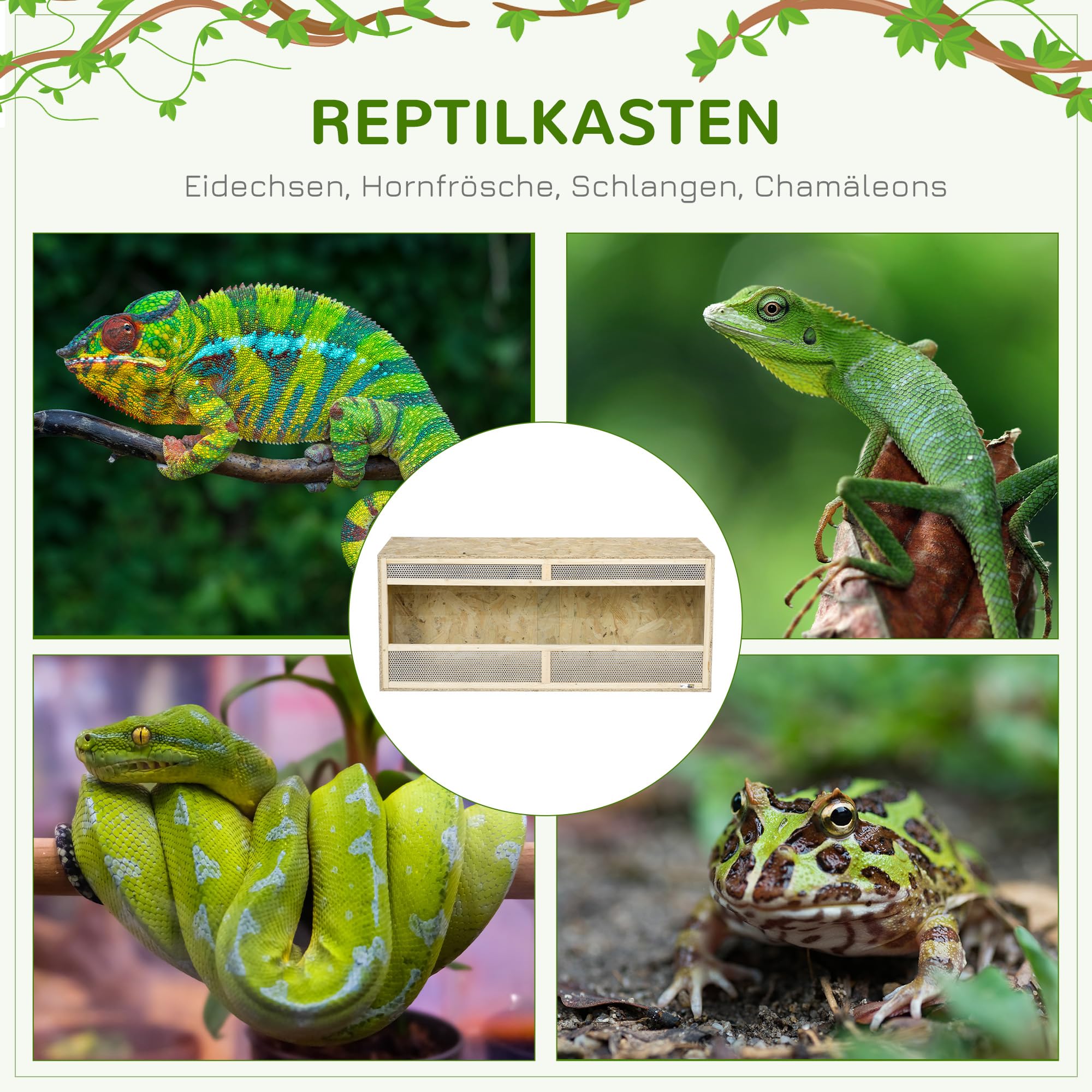 PawHut Terrarium für Reptilien 120 x 50 x 50 cm mit Lüftungsgitter Natur | Glas Terrarium, Fütterungsbox mit Schiebetüren aus Glas, Aufzuchtbox für Amphibien, Spinne