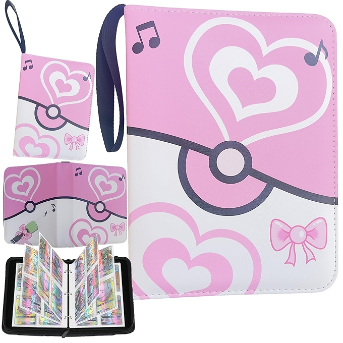 卡片收藏册 4个口袋 PU皮夹带拉链和带子（粉色）