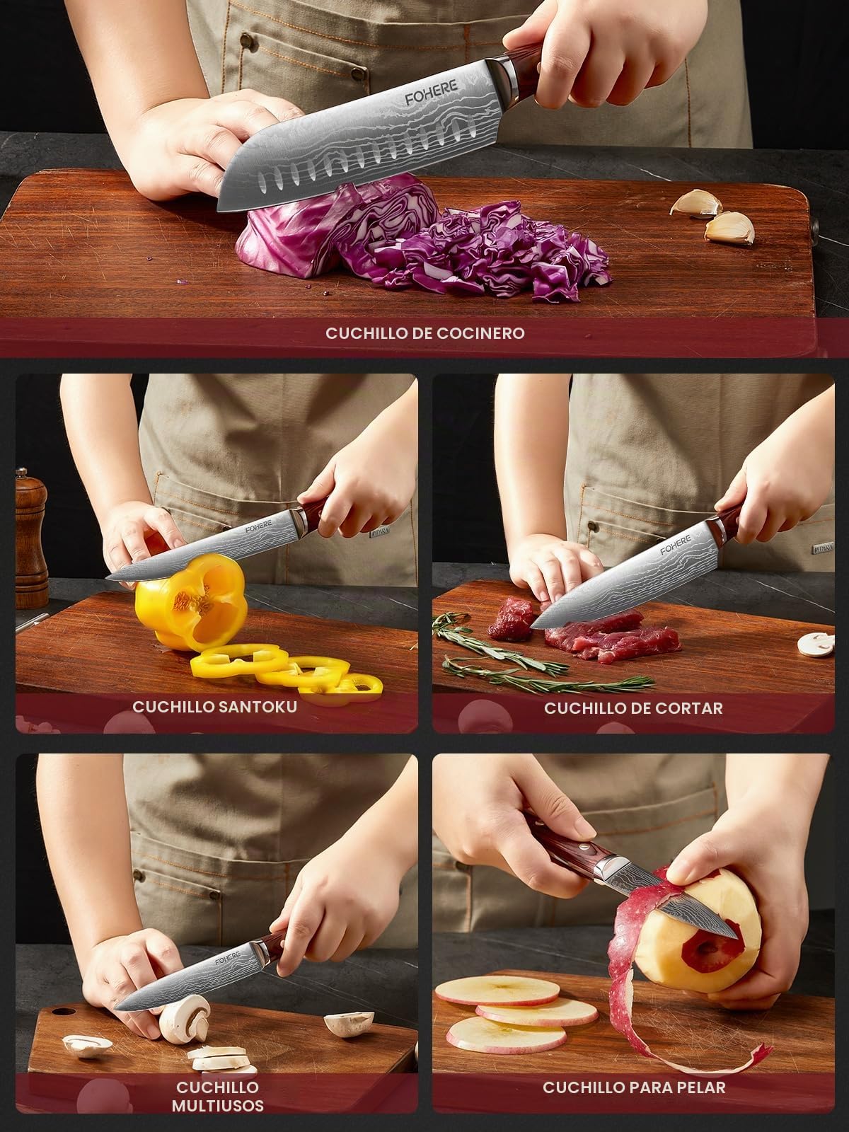 FOHERE Juego de Cuchillos de Cocina Profesional 5 Piezas, Cuchillos Cocina de Acero Inoxidable y Mangos de Madera Natural, Juego de Cuchillos de Chef, Cuchillo Japones Santoku
