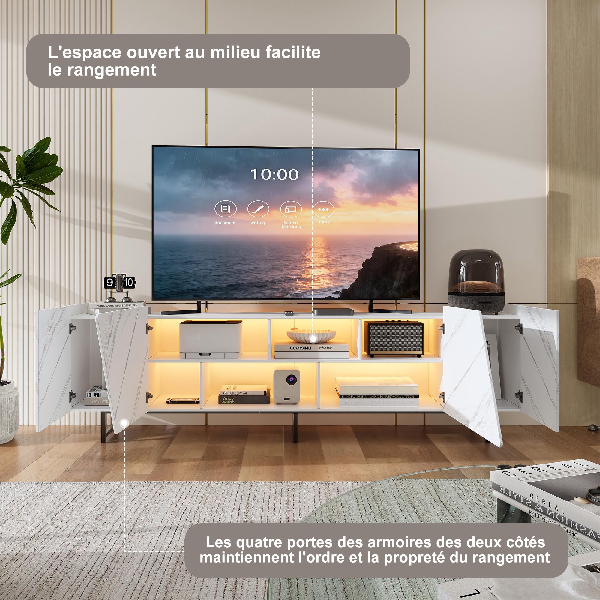 Meuble TV 220 cm avec éclairage LED RGB, Meuble TV Effet marbre avec 4 Portes et étagères Ouvertes, Meuble télévision Moderne avec Pieds en métal pour Salon