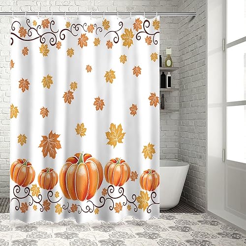 Miniatura 5 de Vandarllin Cortina de ducha de hojas de arce otoñal, juego de cortinas de ducha de calabazas de acuarela de Acción de Gracias con ganchos, tela