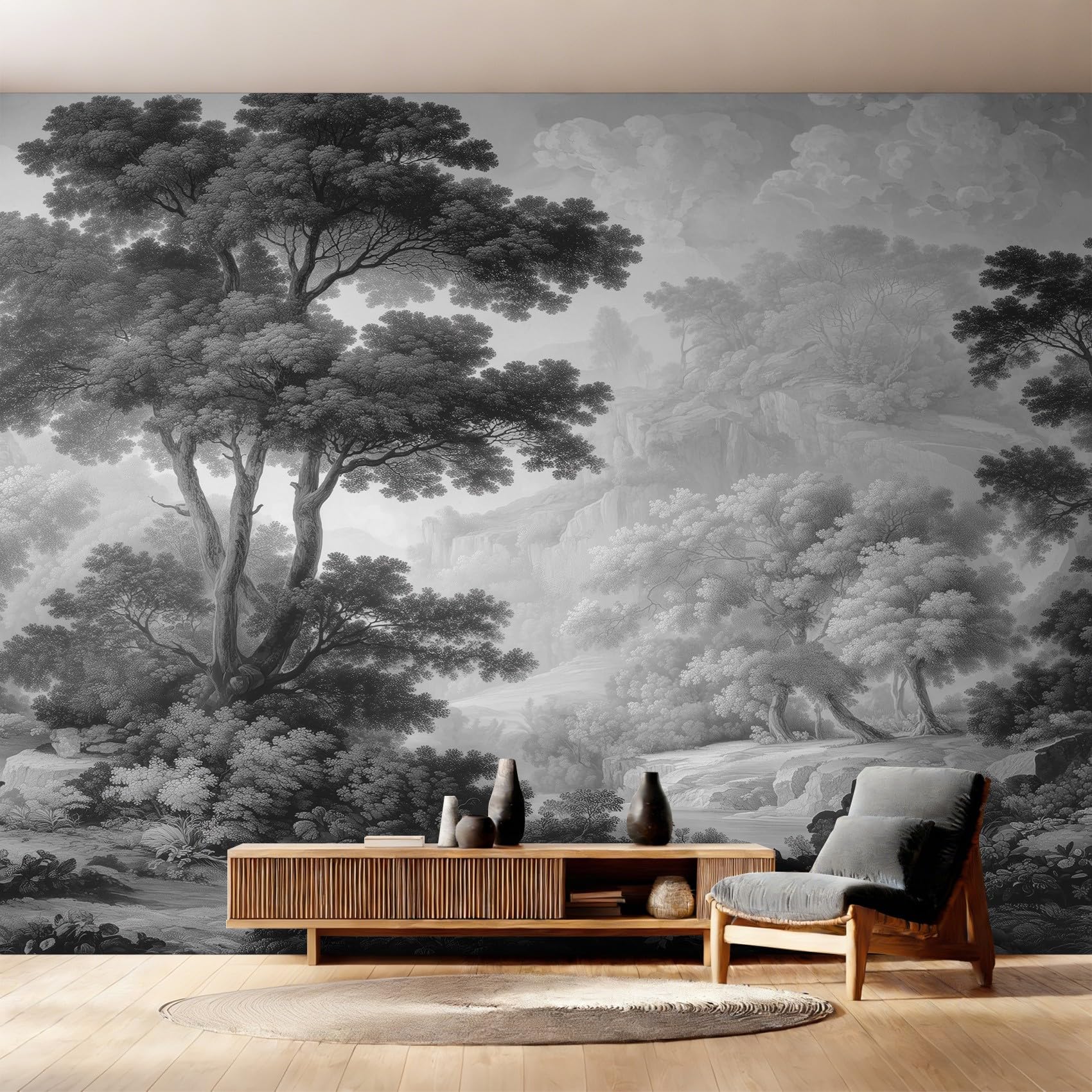 Photo Wallpaper Black White Forest Decorative - Woodland Scenery Tree Wallpaper for Living Room Bedroom, Non-Woven Wall Mural TV Background Decor, 300x210 cm saf-6