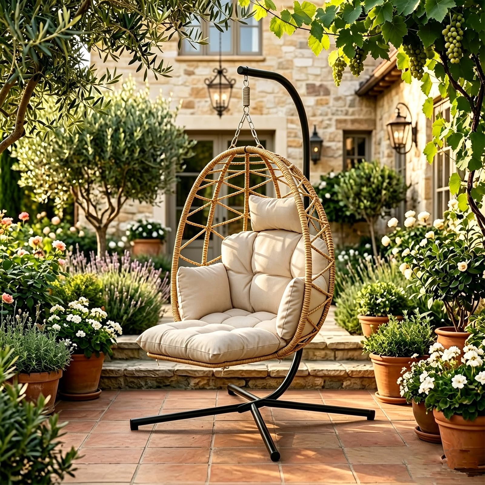 Poltrona sospesa con telaio, per interni ed esterni, fino a 150 kg, poltrona sospesa da giardino, con copertura impermeabile e lavabile, per balcone, terrazza (grigio)