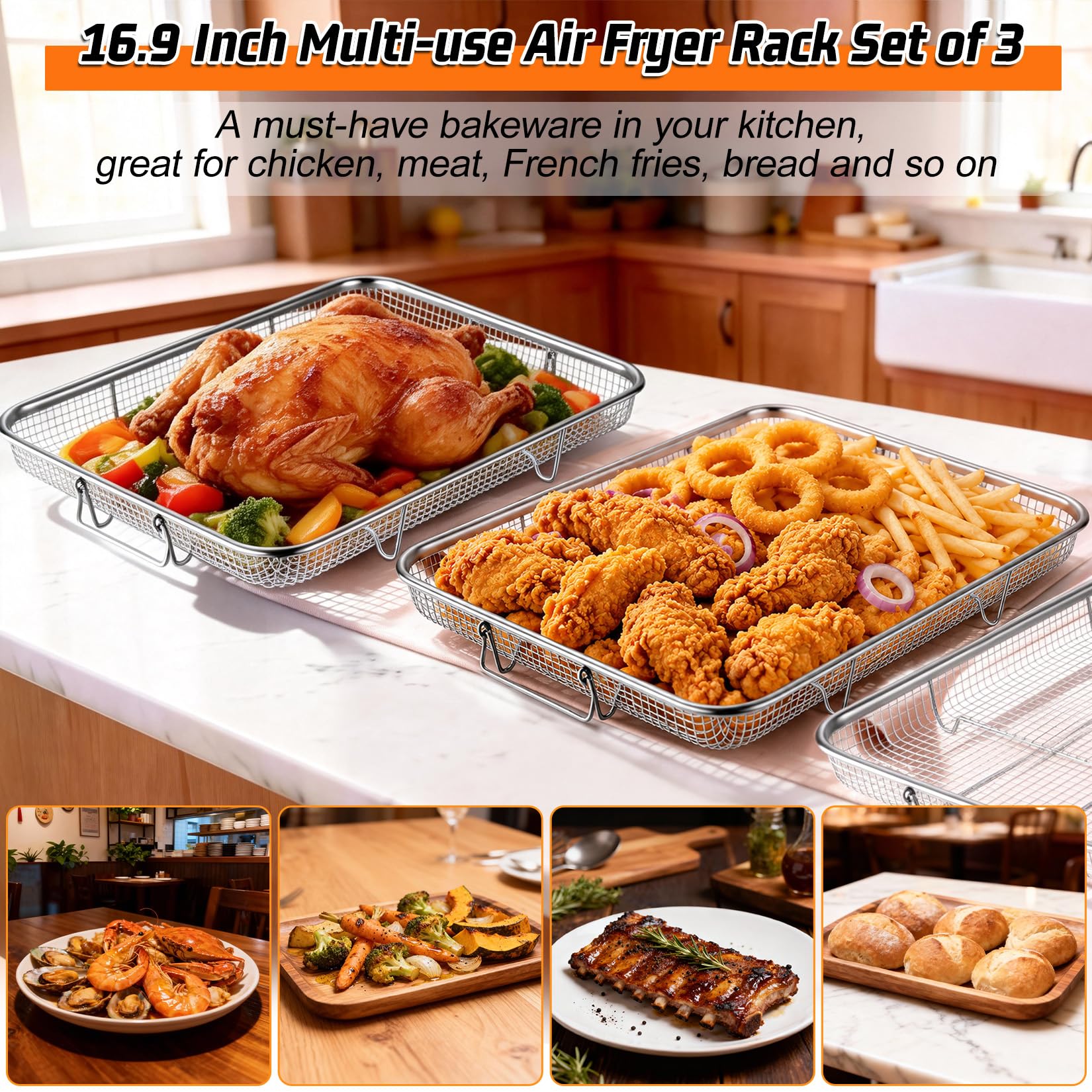 P&P CHEF Cestello per friggitrice ad aria da 16,9 pollici per forno | Accessori per friggitrice ad aria in acciaio inox per uso alimentare, per friggere e arrostire, ideale per cibi fritti