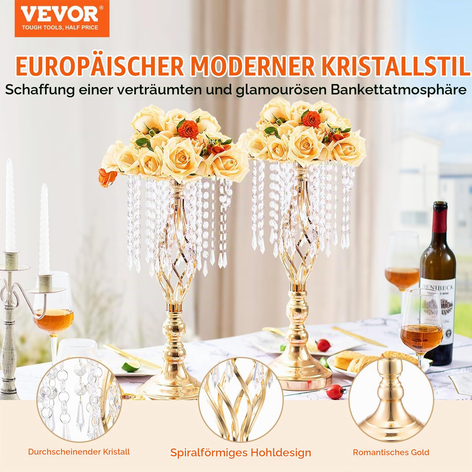 VEVOR 12 STK 49 cm hoher Blumenständer aus Kristallglas für Hochzeiten, Metallvase für Hochzeitsmittelstücke, goldene Blumenhalter, Blumenständer für Tische, Hochzeitsessen, Partys