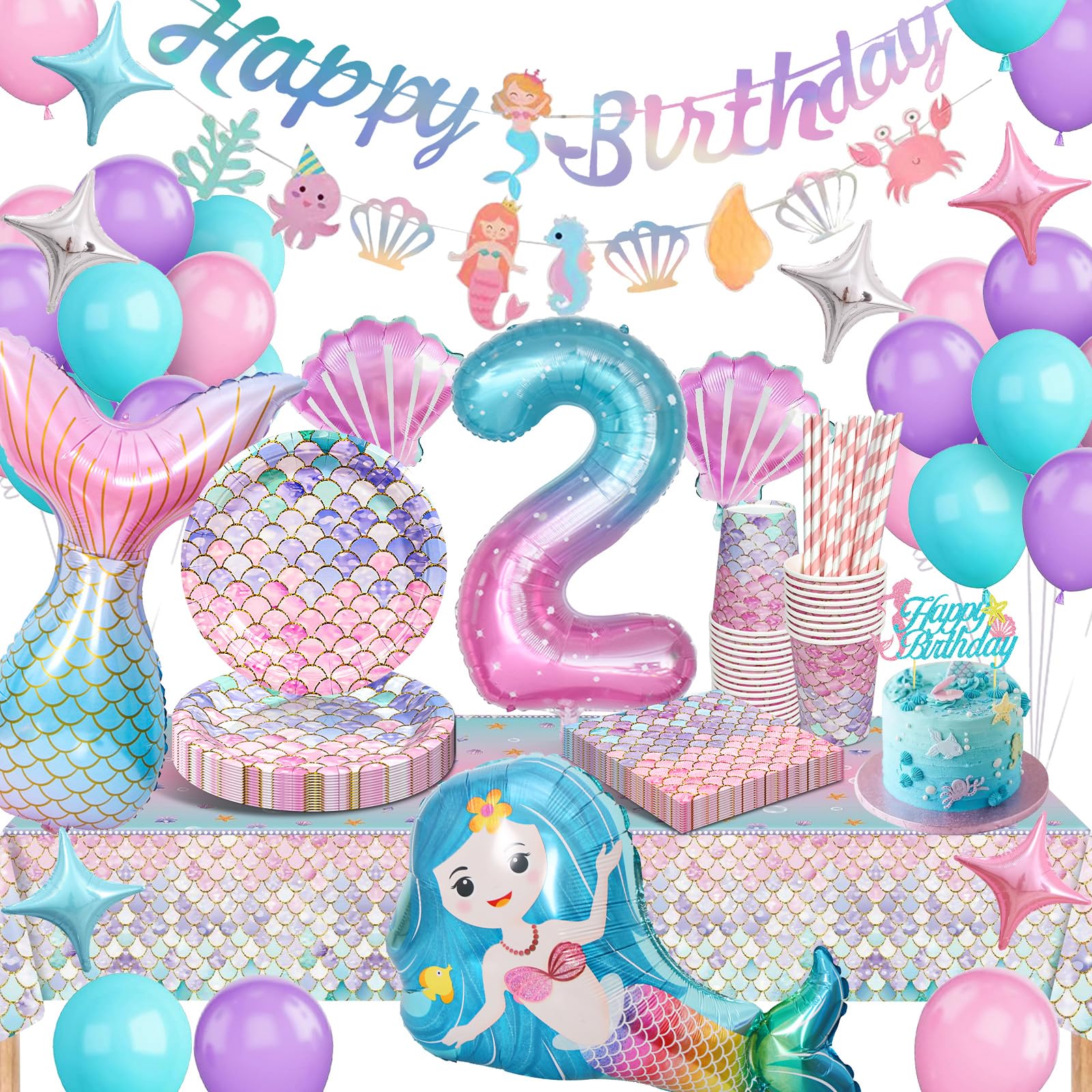 Kit Vaisselle Jetable Sirène 1 An – Service Complet Pour 16 Invités Avec Ballons Et Décorations Thème Sirène