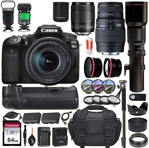 Buy Canon EOS 90D DSLR Camera w/Battery Grip & 3 Lens Kit (18135mm, 70300mm & 500mm Preset