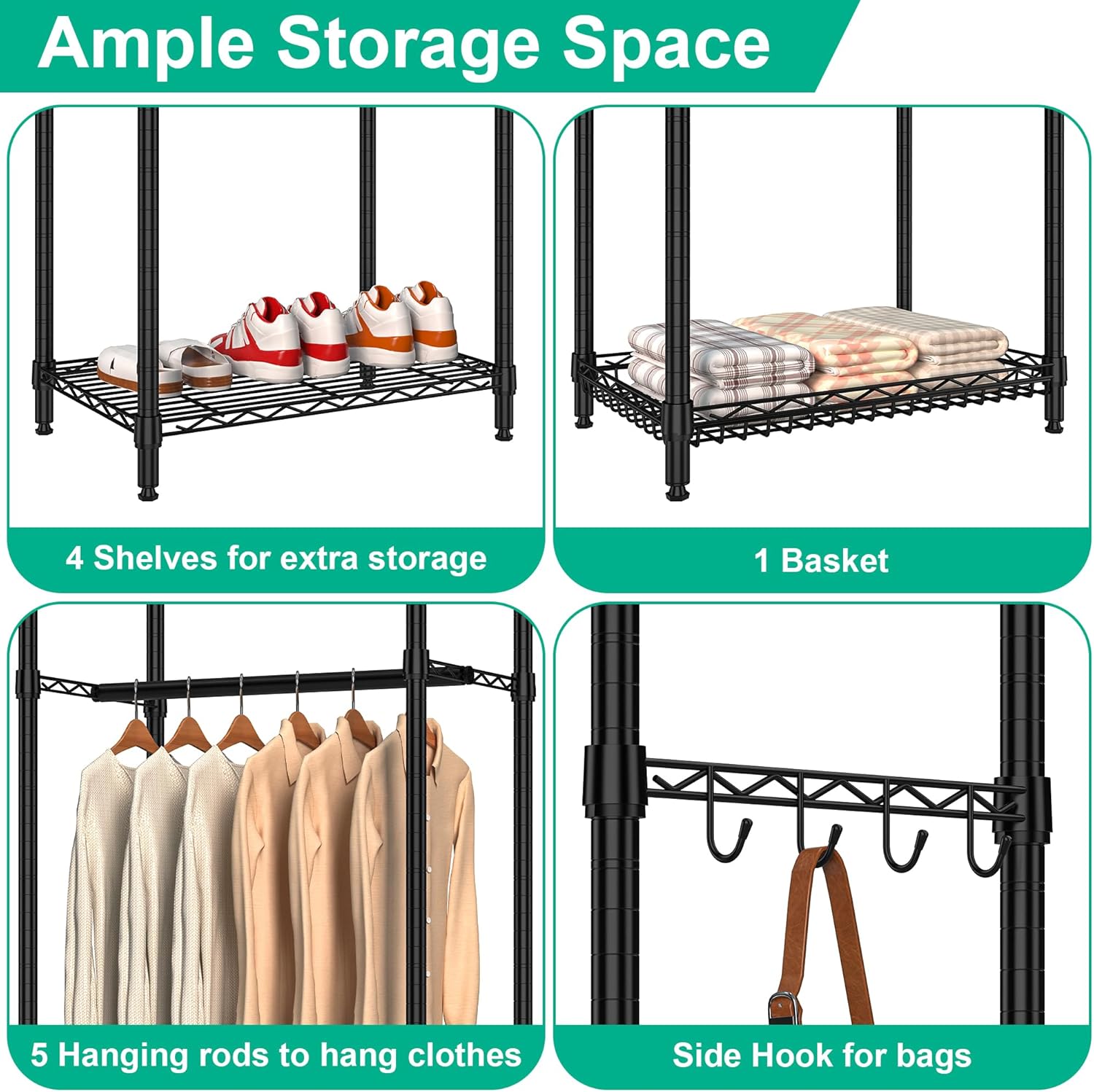 3 Tier Rolling Cart Heavy Duty Kitchen Storage Cart Adjustable Shelves, Portable Clothes Rack for Hanging Clothes Large Capacity