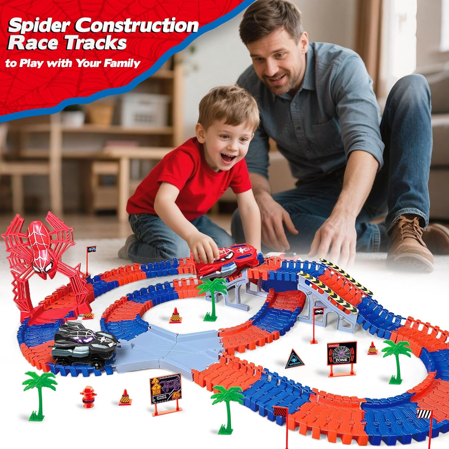 Aooess Toys for 3-8 Year Old Boys: 212 PCS Spider Construction Race Tracks for Kids Gifts for 3 4 5 6 7 8 Year Old Boys Girls Toy Presents Flexible Race Tracks Cars Gift Set with 2 Electric Cars