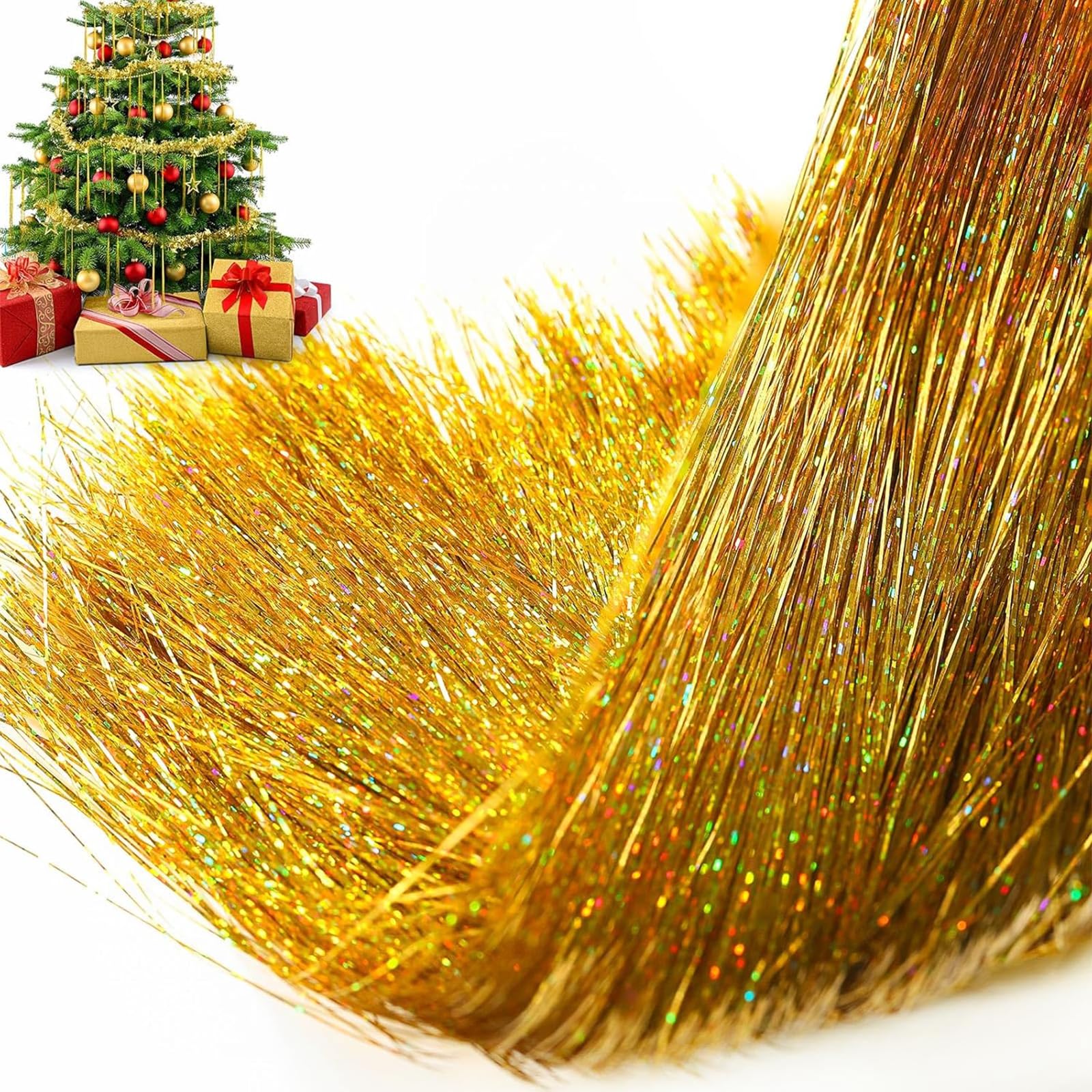 3000 Christmas Tinsel Strands,Gold Tinsel for Xmas Decor | Angel Hair Tinsel ,Lametta for Holiday Christmas Tree Decorations