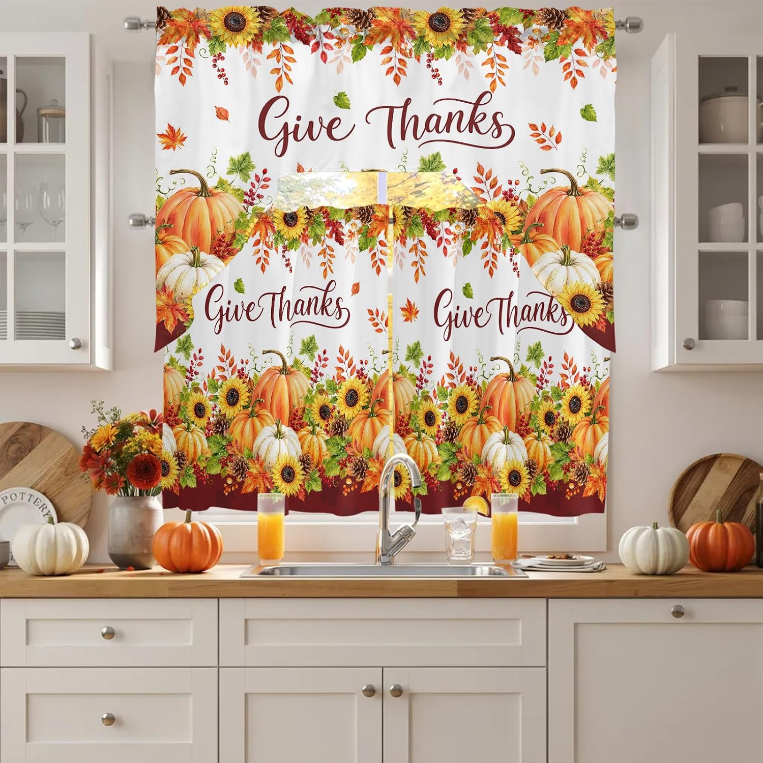 Thanksgiving Fall Kitchen Curtain and Valance Set 3 Pieces,Boho Farmhouse Orange Pumpkin Rod Pocket Short Tier Curtains 24 Inch Length,Maple Leaves Sunflowers Swag Topper Window Treatment for Bathroom