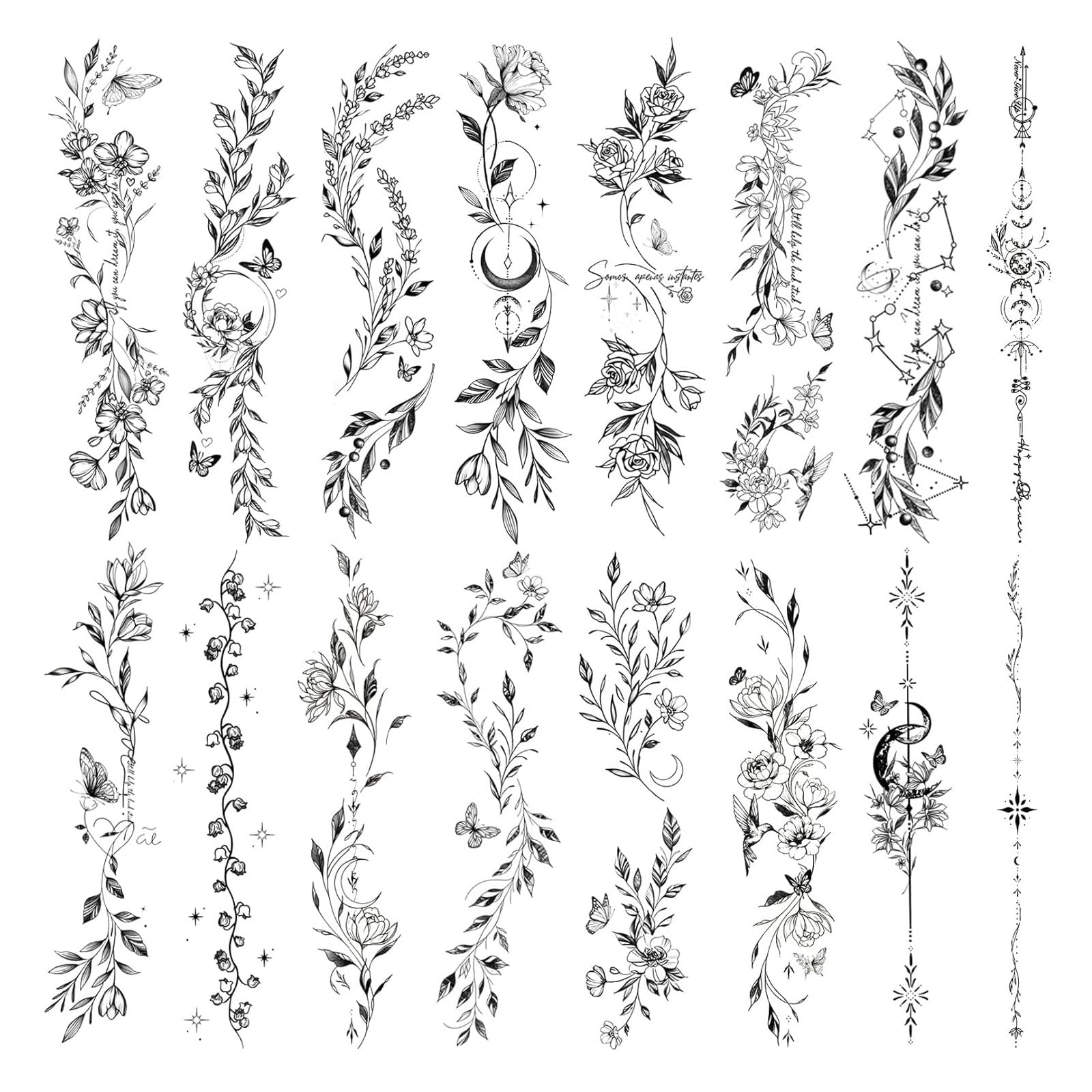 VelvetGlow Flower Temporary Tattoos for Women Girls 16 Sheets Black Flower Leaf Wild Plants Sketch Tattoo Stickers