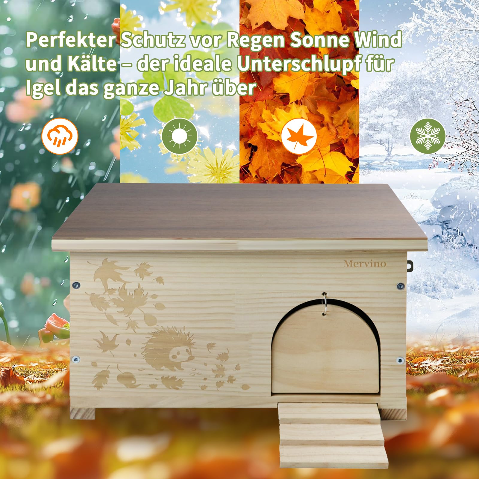 Mervino Igelhaus Holz mit Rattenklappe und Boden - Robustes Igelhotel Winterfest, mit Leiter & wasserdichtem Dach als Gartenunterschlupf für Winterschlaf und Sommeraufenthalt (44x34x24 cm)