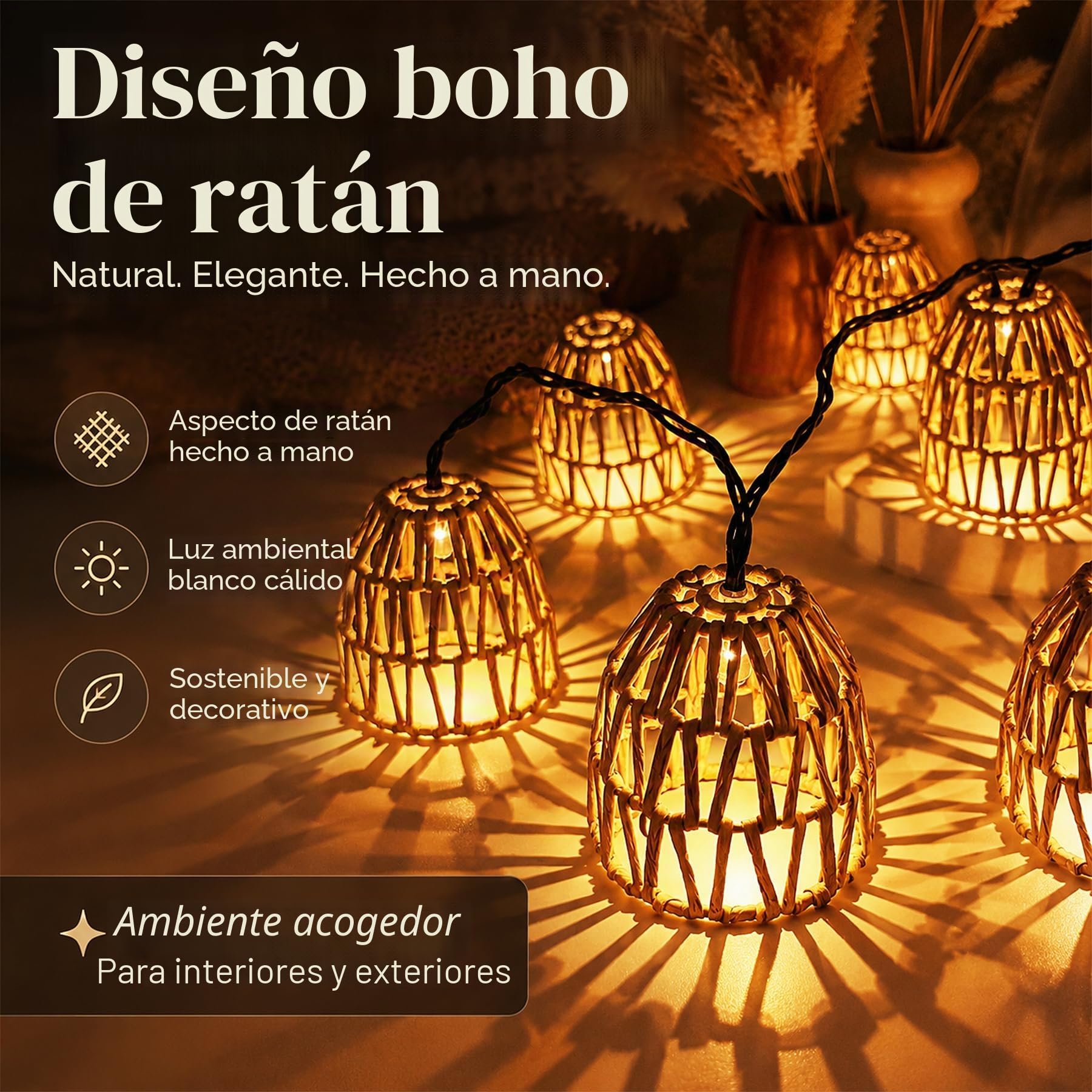 Shengruili Guirnaldas Luces Exterior Solar 10 LED,Cadena de luces solares para exteriores,Cadena de luces LED solares de ratán,Cordel De Luz para Decorar Jardines,Patios,Terrazas,Fiestas