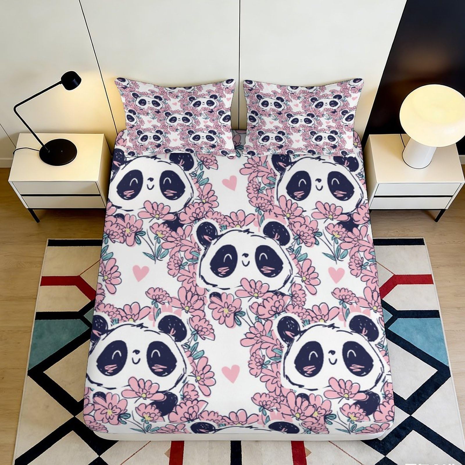 3D Printed Cute Panda Floral Fitted Sheet Microfiber Soft Pink Cartoon Heart Mattress Cover for Bedroom Guest Room 140x200x25cm