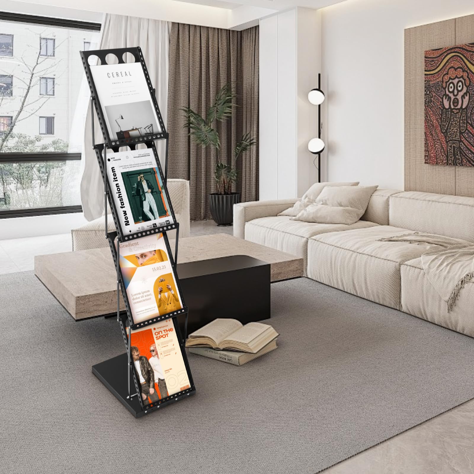 SUNDOY Faltbarer Zeitschriftenständer mit 4 Taschen – Magazinhalter & Broschüre Prospekthalter mit Tragetasche für Büro, Einzelhandel & Messe-Ausstellungen (Schwarz-27Bx36Tx130H)