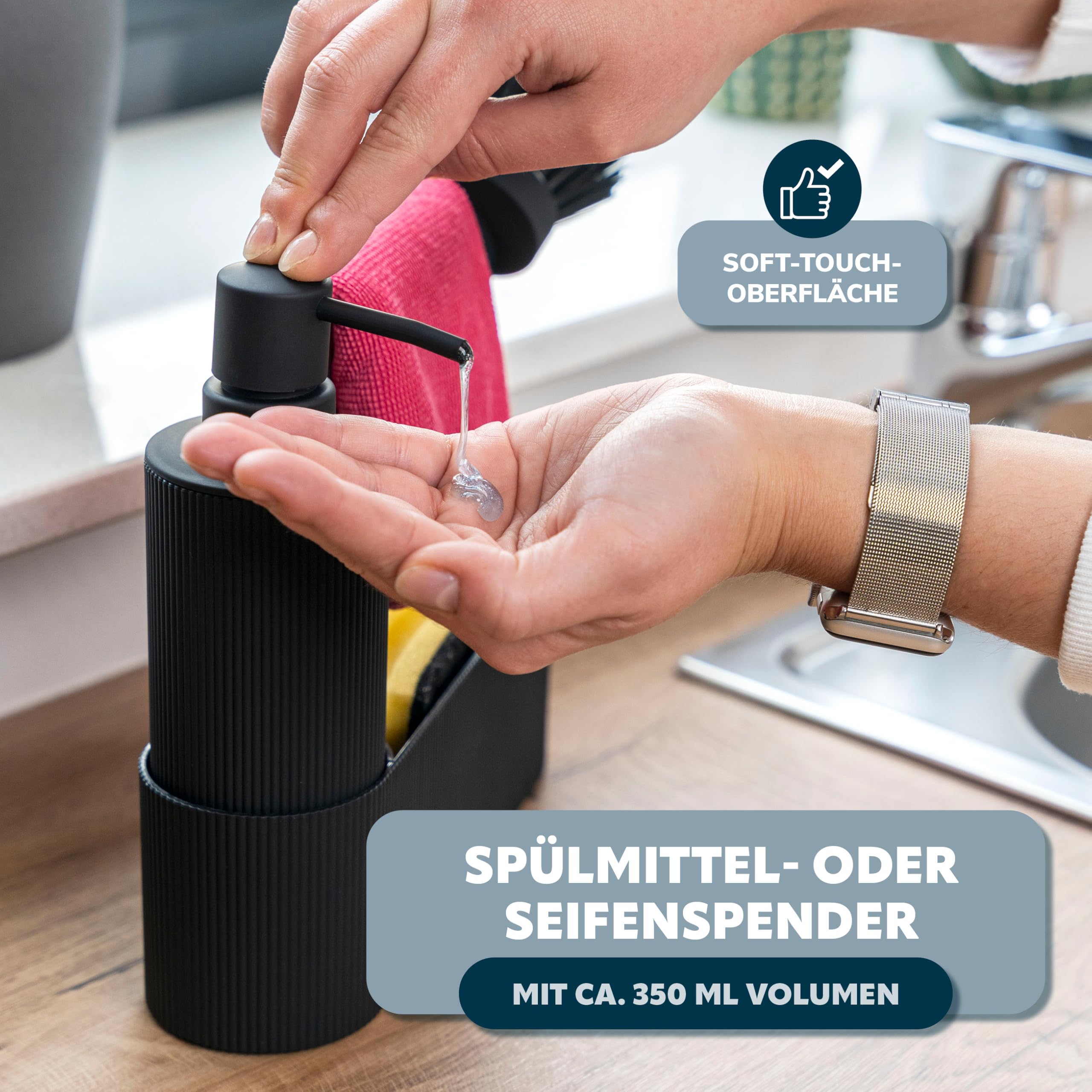 eluno Spül-Set 2er, bestehend aus Spülbecken-Organizer mit Soft-Touch Oberfläche und Abtropfmatte inkl. Abtropfgestell für 9 Teller, Geschirrspülset inkl. Seifenspender mit 350 ml Volumen, schwarz