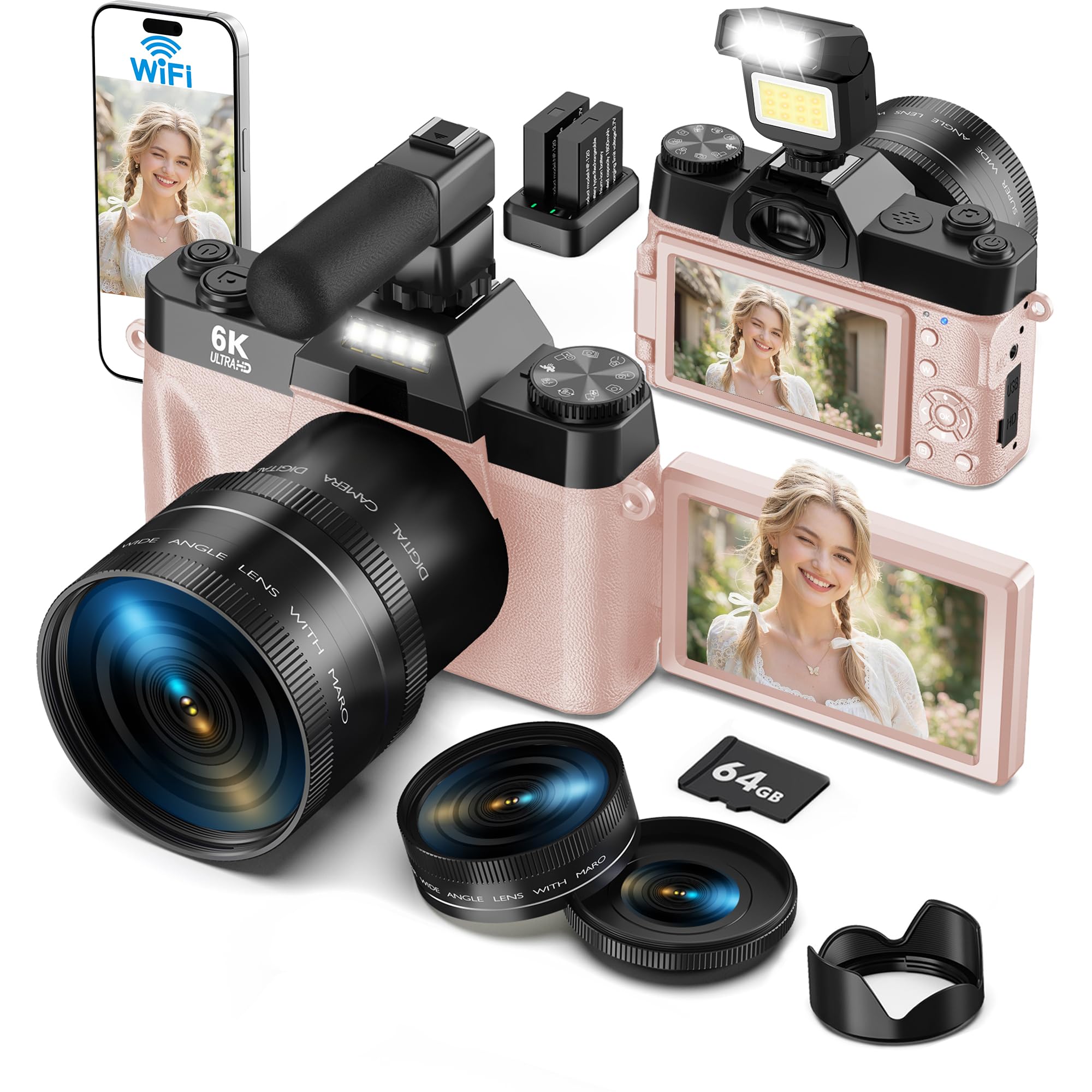Yatao 6K WiFi Flip Screen Digital Camera, Mic & Fill Light for Photography | Compact Vlogging Camera for YouTube & Beginners, 16X Zoom Dual Lens with 64GB Card, Perfect for Content Creators,Pink-image-2