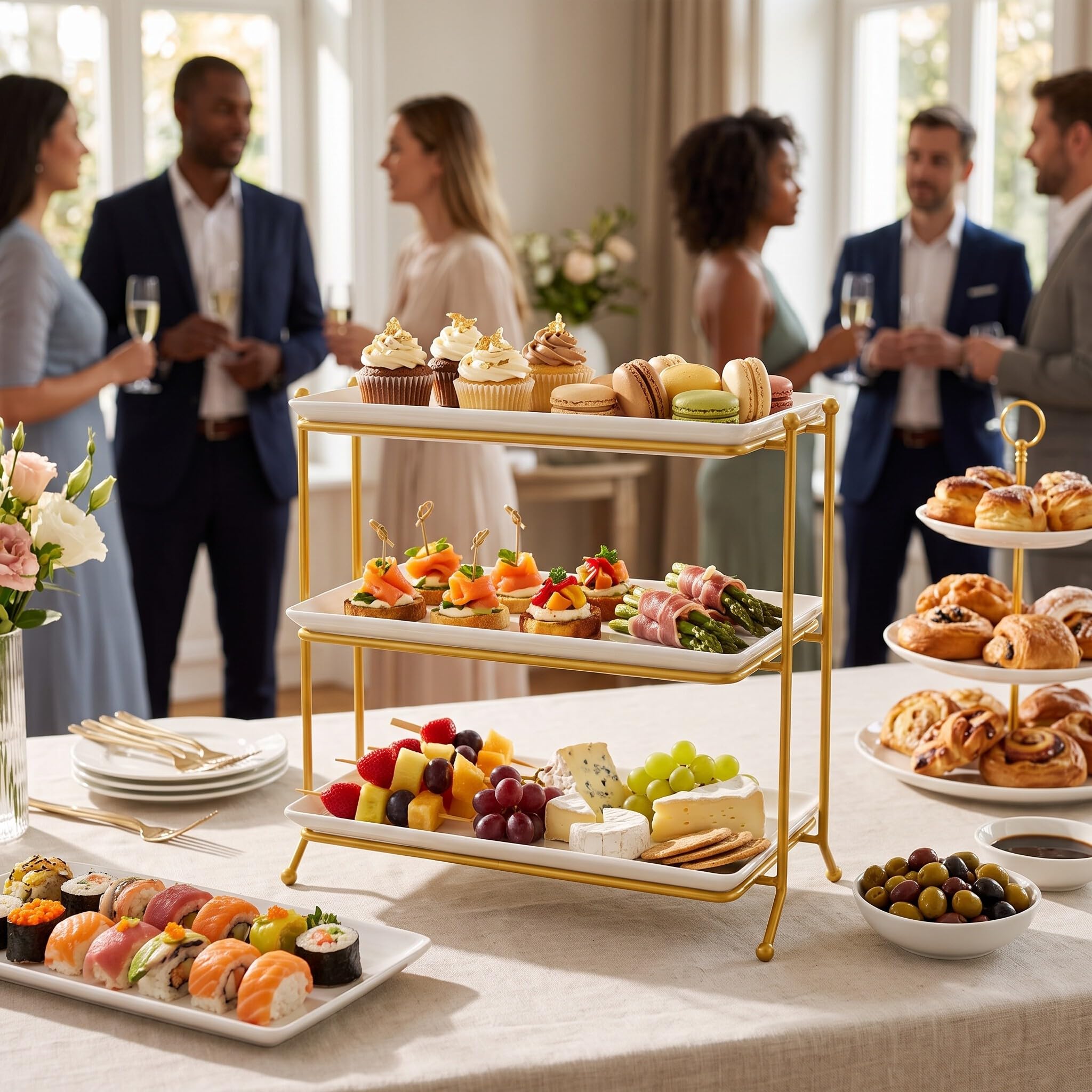 Plateau de Service à 3 Niveaux, Grands Plateaux de Service Détachables et Peu Encombrants, Support Polyvalent, avec Base en Acier au Carbone pour Présentation de Cupcakes
