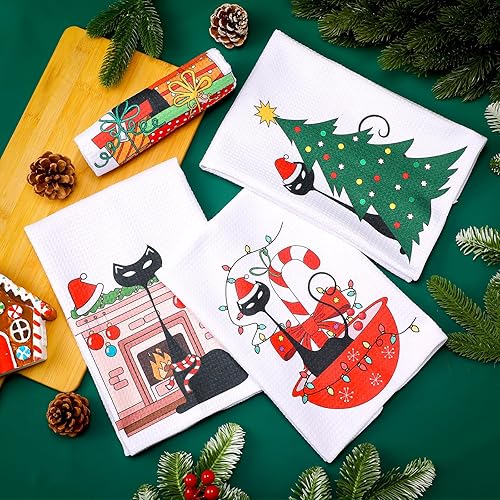 Miniatura 3 de Tudomro Juego de 4 toallas de cocina modernas de Navidad de mediados de siglo con diseño de gato negro, decorativas, 16 x 24 pulgadas, suaves,