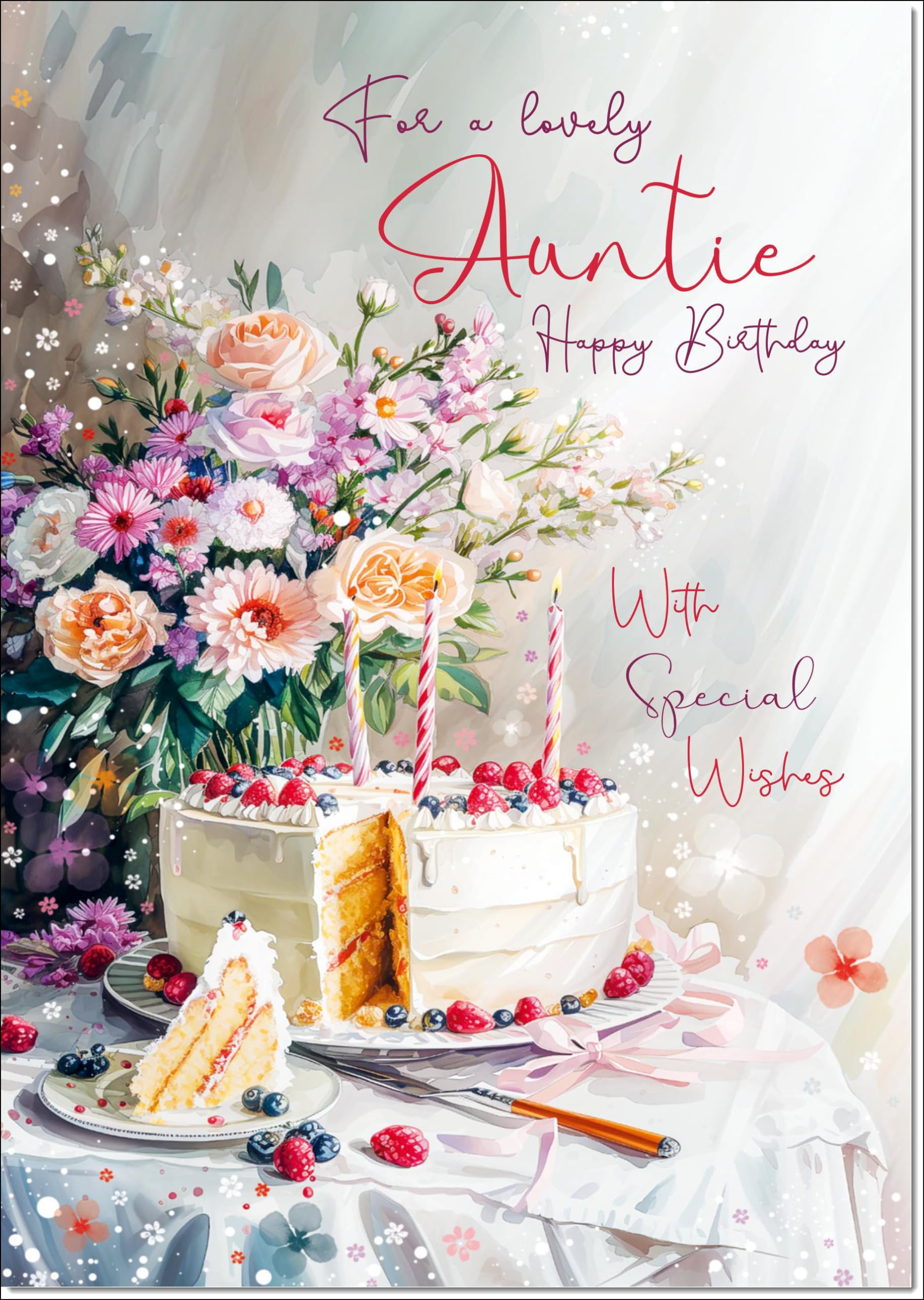 doodlecards Auntie Birthday Card Birthday Cake and Flowers Large A4 Size with Plain Envelope