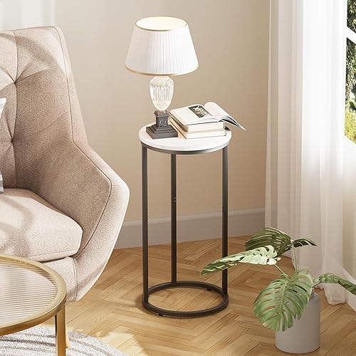 Miniatura 7 de Mesa auxiliar en forma de C, mesas auxiliares de sofá para sala de estar, mesa auxiliar redonda para sofá con marco de metal, mesa pequeña de madera