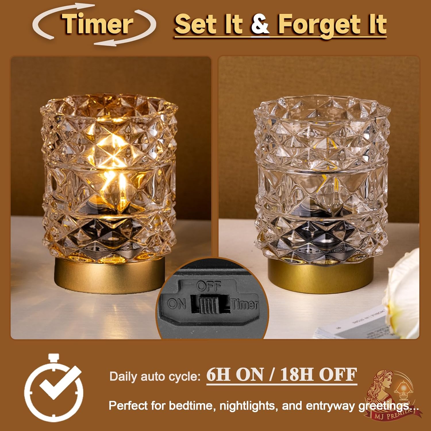 Battery Operated Lamp with Timer, Cordless Table Lamps for Shelf Decor, Rhombus Texture Aesthetic Crystal Lamp, Small Decorative Lamps for Bedroom/Bathroom/Kitchen/Entryway/Dorm (2 Pack Clear)