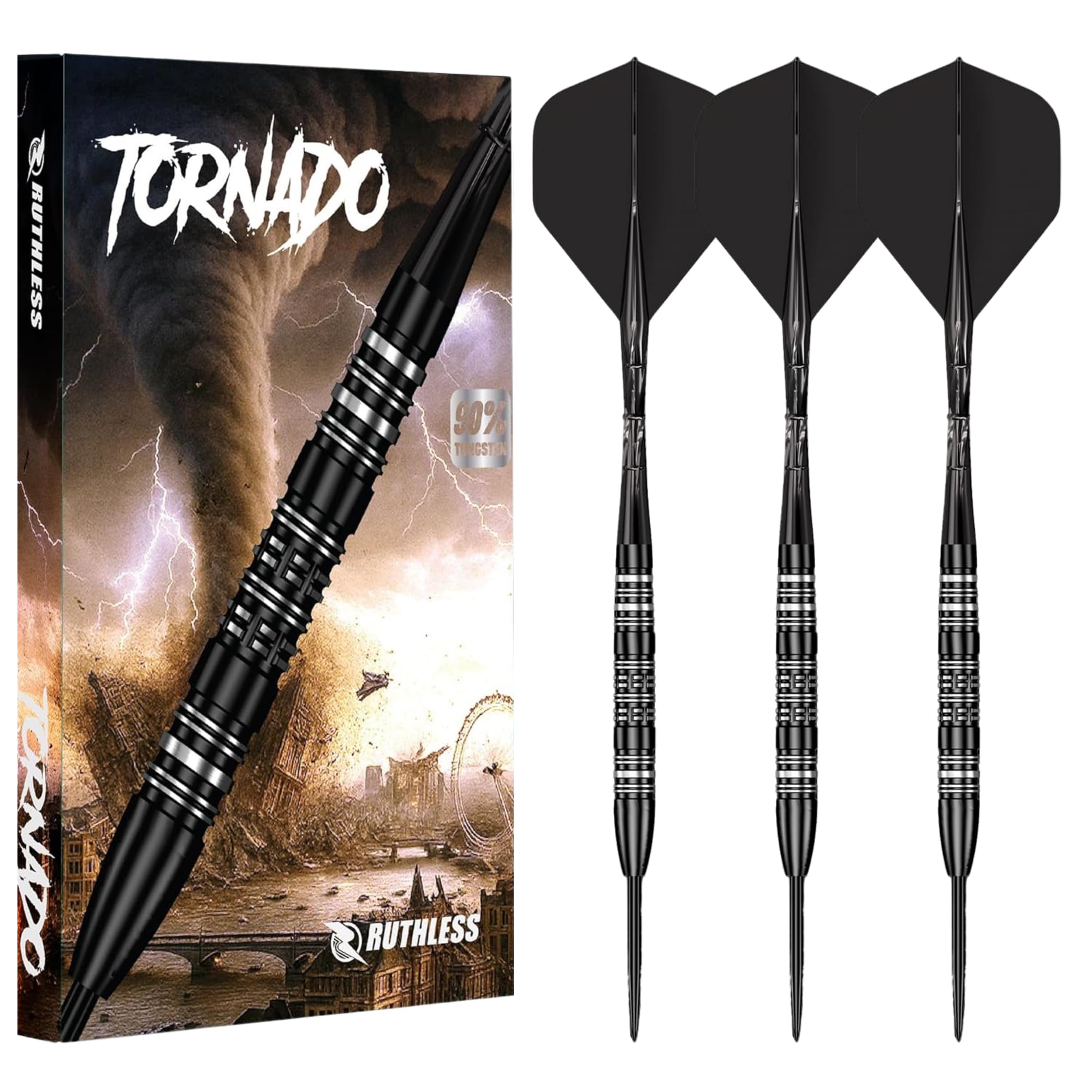 RUTHLESS | Tornado | Steel Tip Darts | 90% Tungsten | Moulded Flights & Stems | Precision Machined Barrels | 24g.