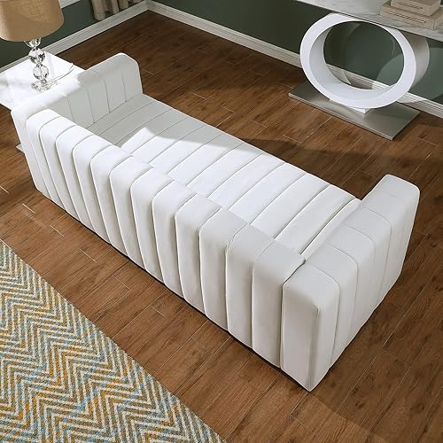 Miniatura 6 de KIVENJAJA Sofá de 3 plazas de terciopelo capitonado con canal con 2 almohadas, brazos cuadrados y patas de metal dorado para sala de estar,