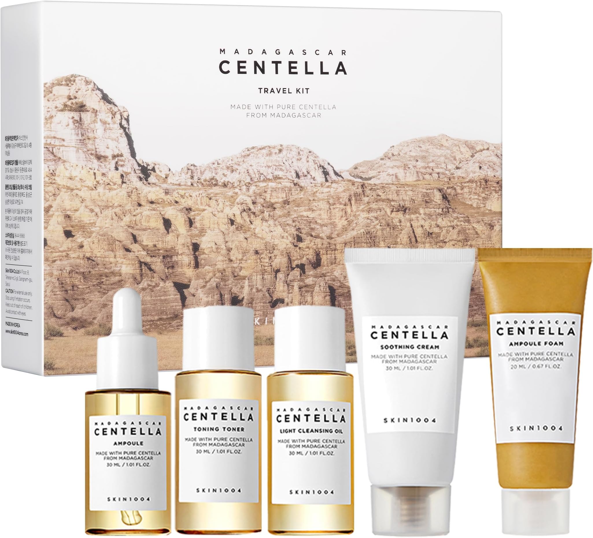 Madagascar Centella Travel Kit, Toner, Ampoule, Soothing Cream, Cleansing Oil, Ampoule Foam, Basic Skincare Box, Compact Size, Gift Sets, Mothers Day Gifts for Mom Gifts for Women, Trial Kit