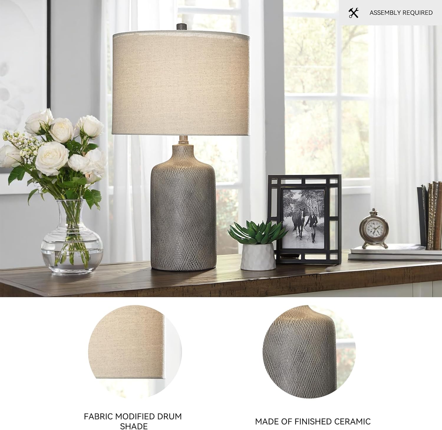 Antique Black Ceramic Table Lamp with Fabric Drum Shade