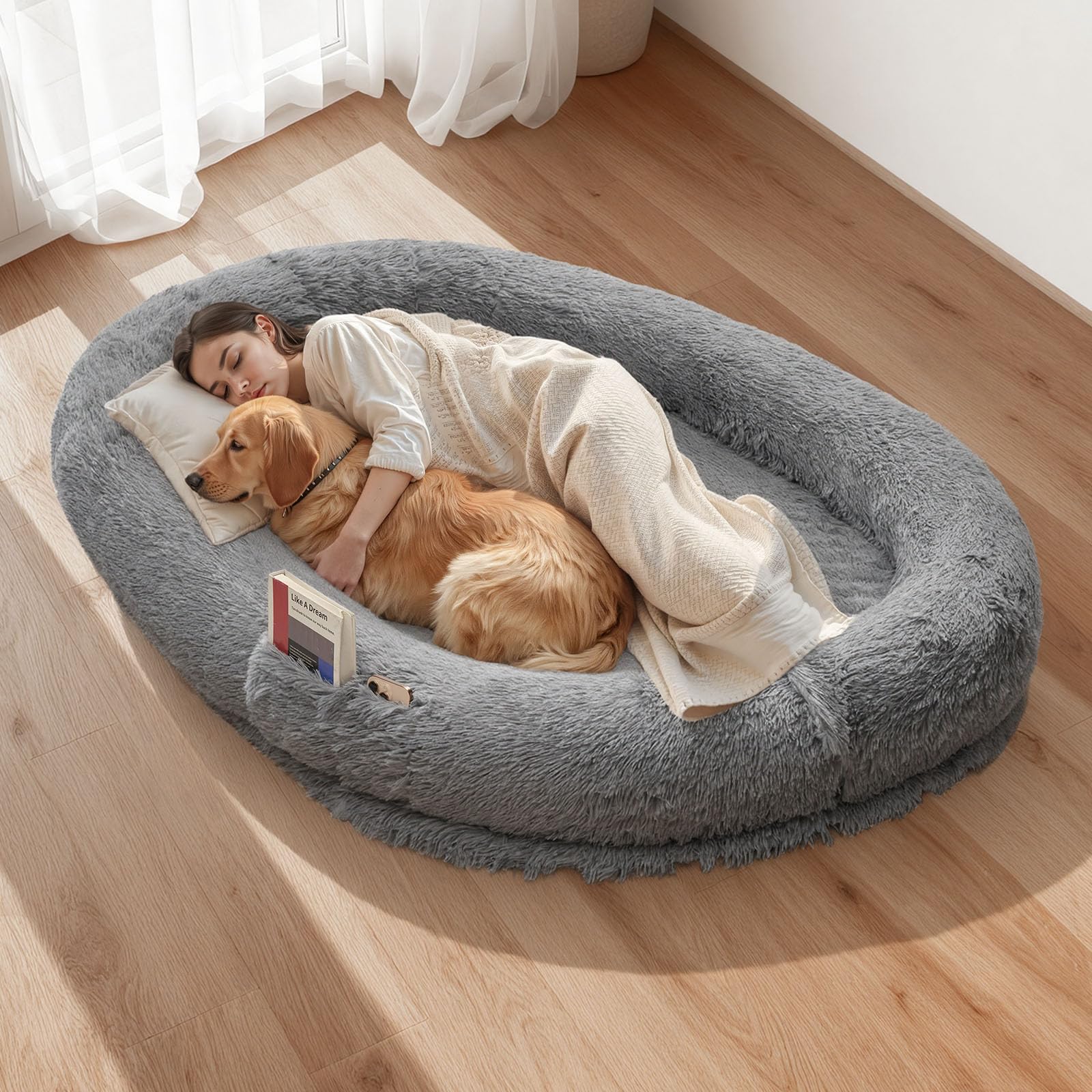VEVOR Cuccia per Cani di Taglia Grande da 1740 x 1180 x 240 mm, Letto per Cani a Misura Umana, con Tasca Laterale, Maniglia e Cerniera, Fodera Rimovibile e Lavabile in Lavatrice, Pelo Alto