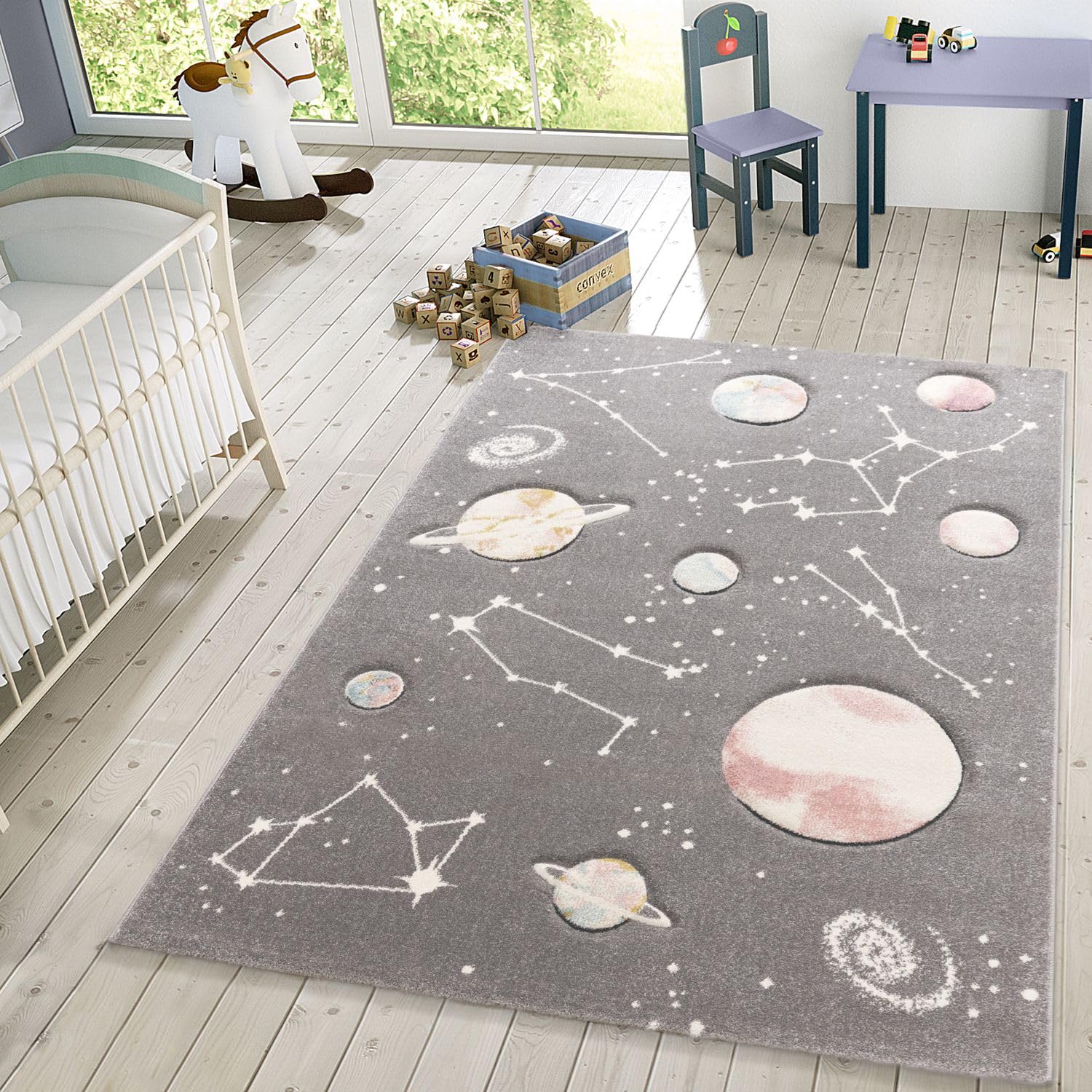 TT Home Alfombra Infantil Juego Planetas Y Estrellas para Dormitorio Infantil En Gris, Tamaño:Ø 133 cm Quadrat