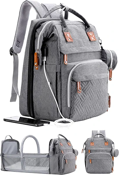 ISMGN Diaper Bag Backpack with Changing Station, Large Diaper Bag, Baby Bag, Multifunctional Diaper Bag, Gray