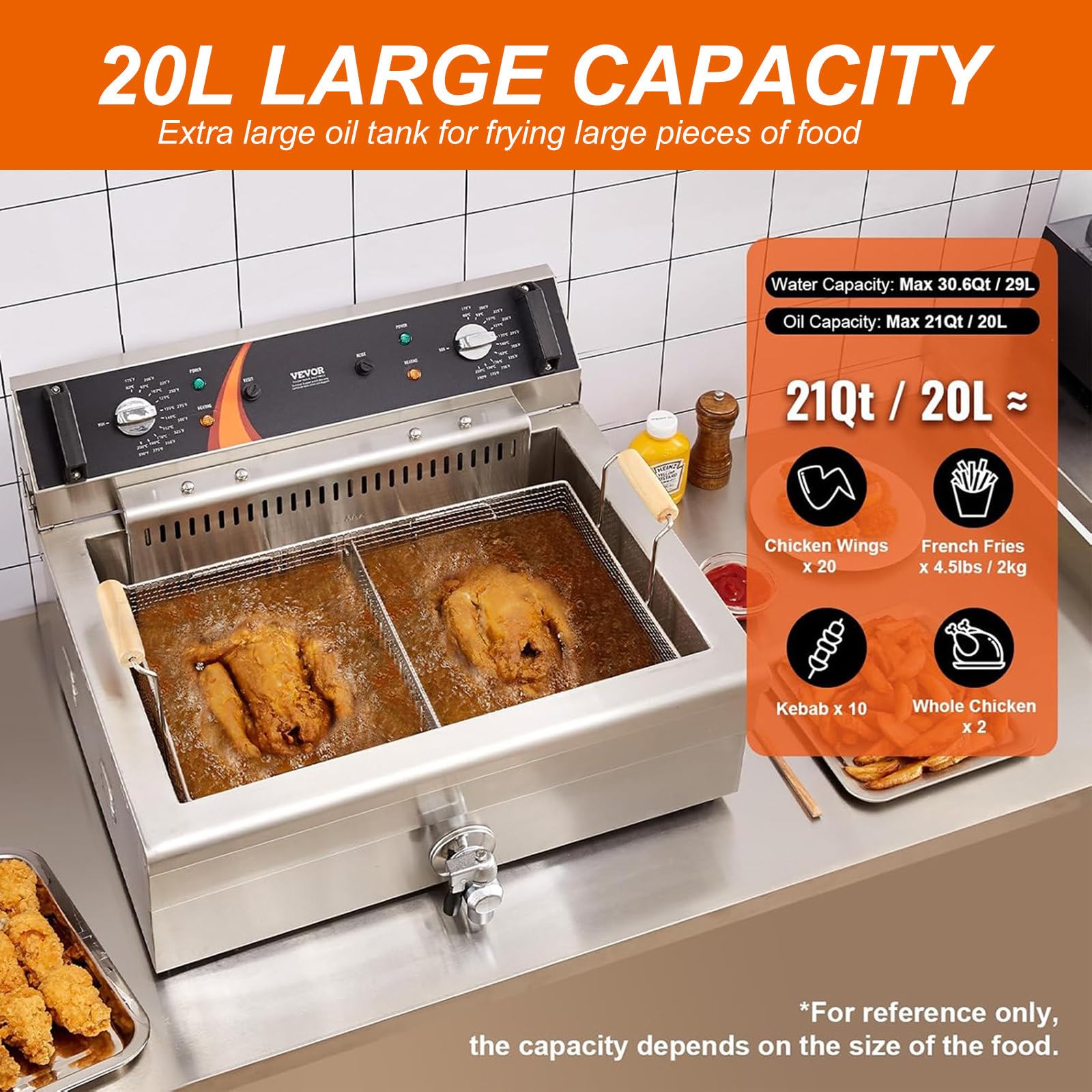 Friggitrice, Friggitrice Elettrica da Banco da 4800 W con Cestello Rimovibile da 21 QT, Friggitrice Commerciale A Cottura Rapida,220V