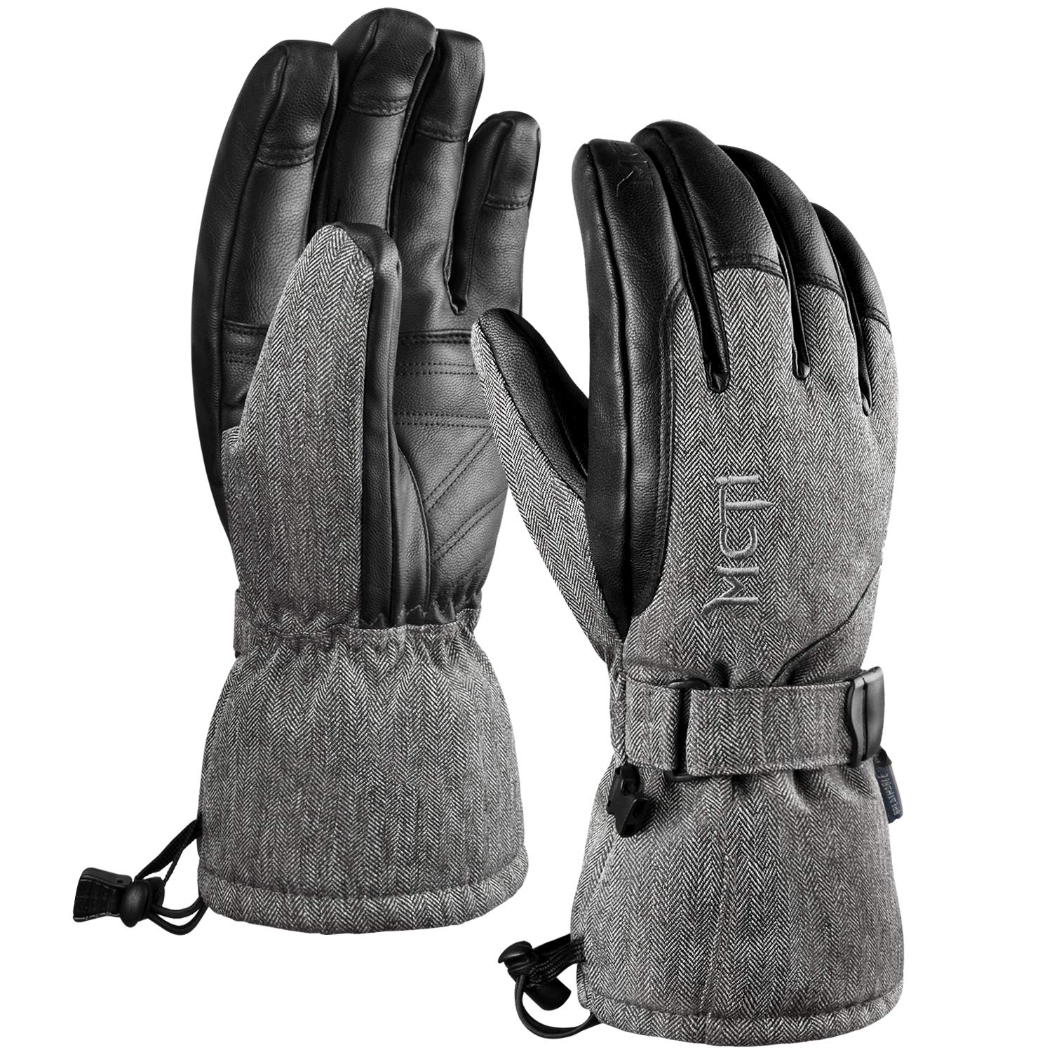 MCTi Waterproof Ski Gloves Winter Snow Snowboard PU Leather Breathable Gloves 3M Thinsulate Insulation for Mens Womens Grey Medium