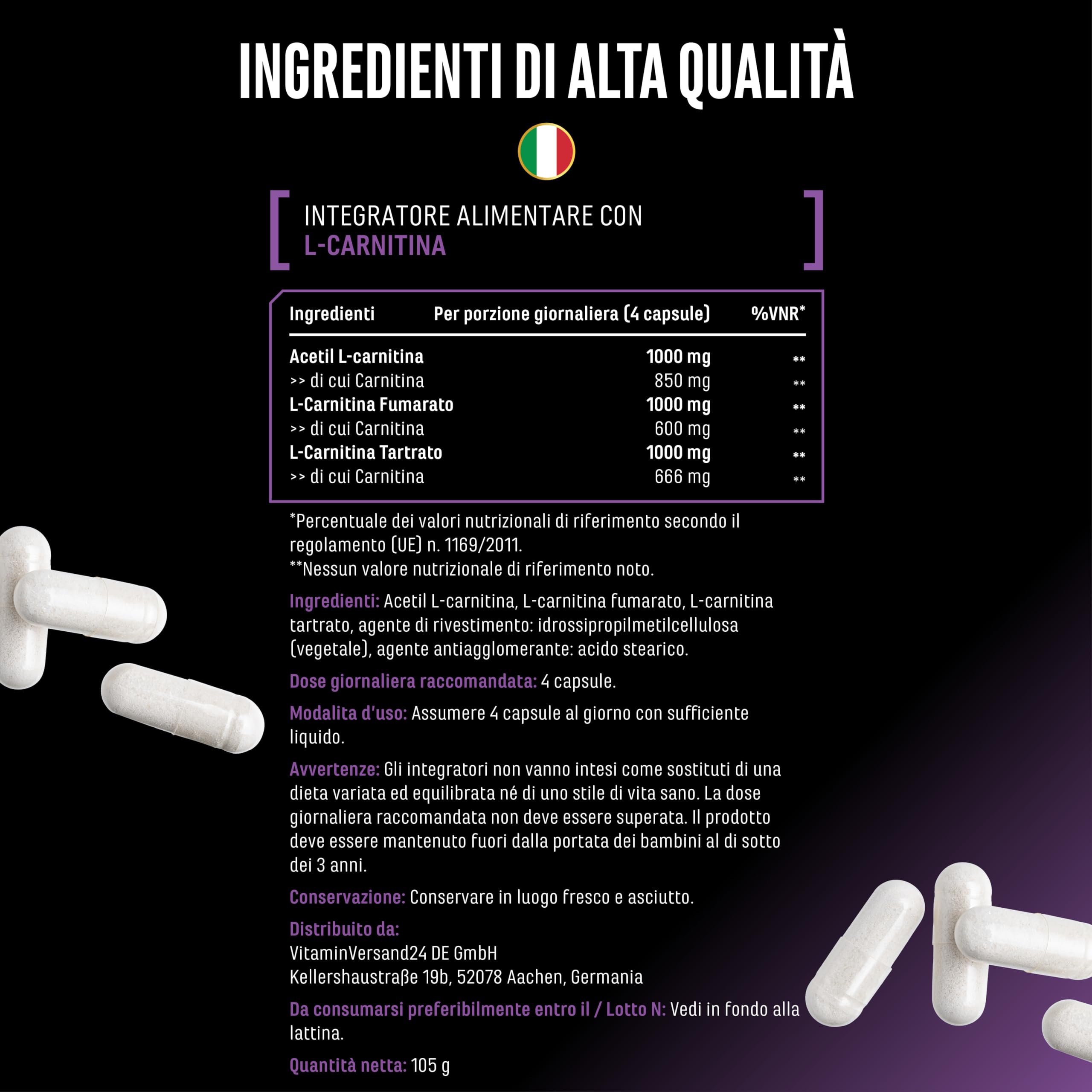 L-Carnitina Triplo Complesso 3000 mg per porzione giornaliera 120 capsule ad alto dosaggio vegano formula premium