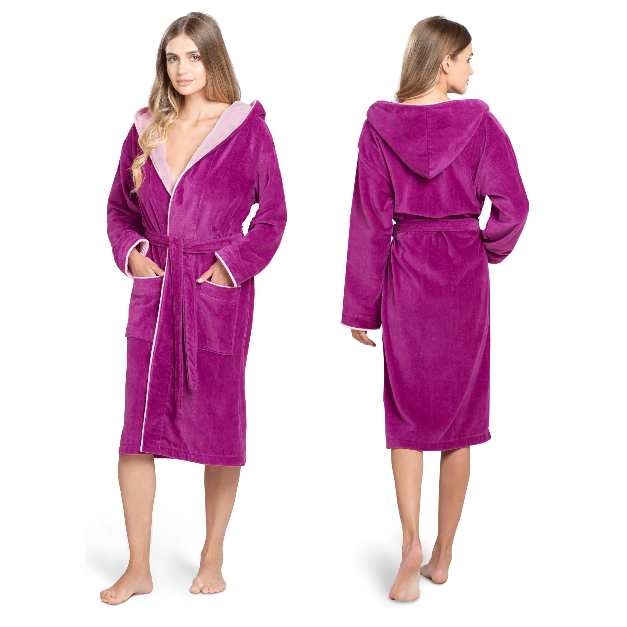Twinzen Peignoir de Bain Femme avec Capuche - 100% Coton Velours Premium - Robe de Chambre Femme Velours Peignoir Femme Coton OekoTex Ultra Doux